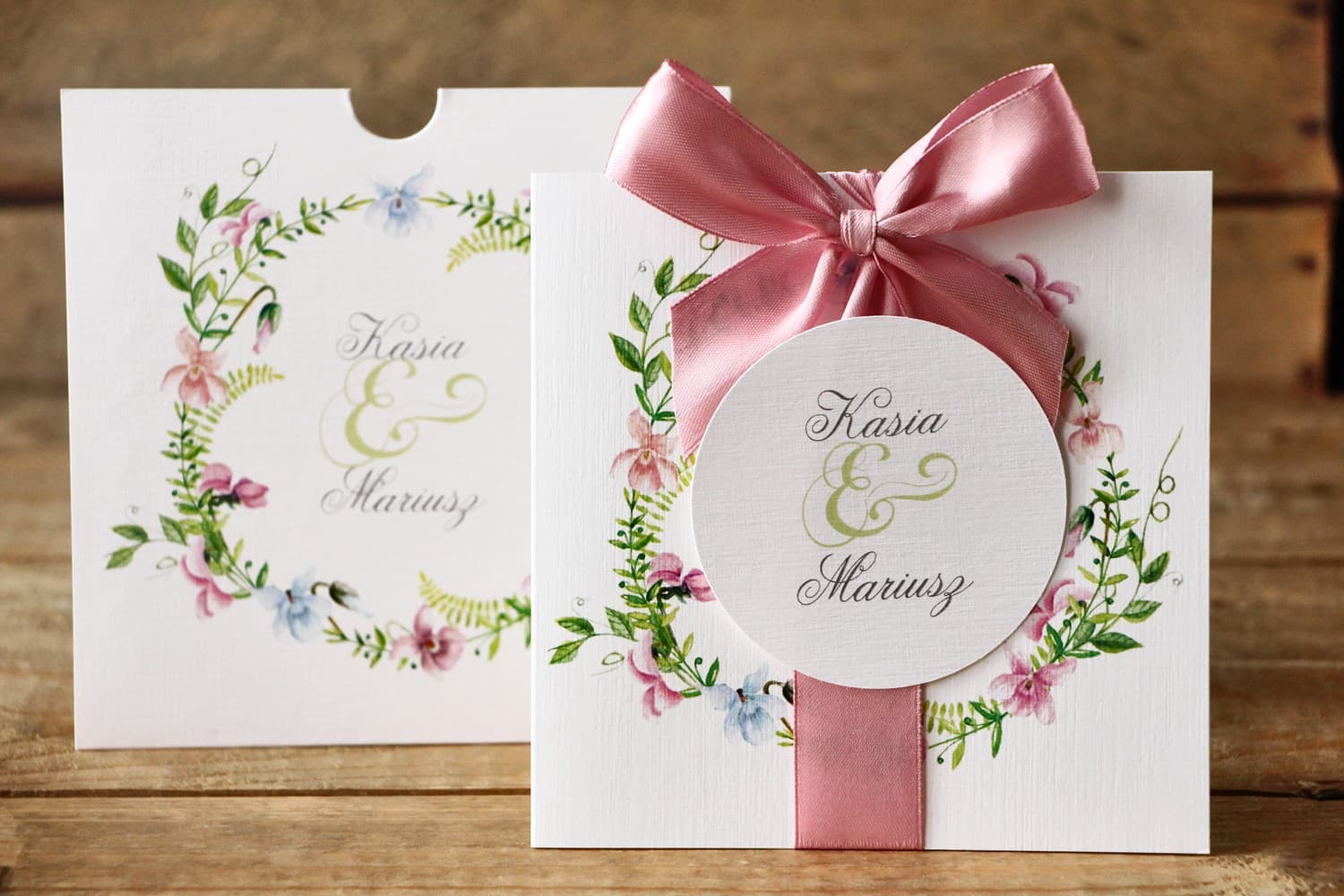 Faire-part de mariage carré avec ruban Fleurs Peintes n° 26 texture lin Amelia Wedding