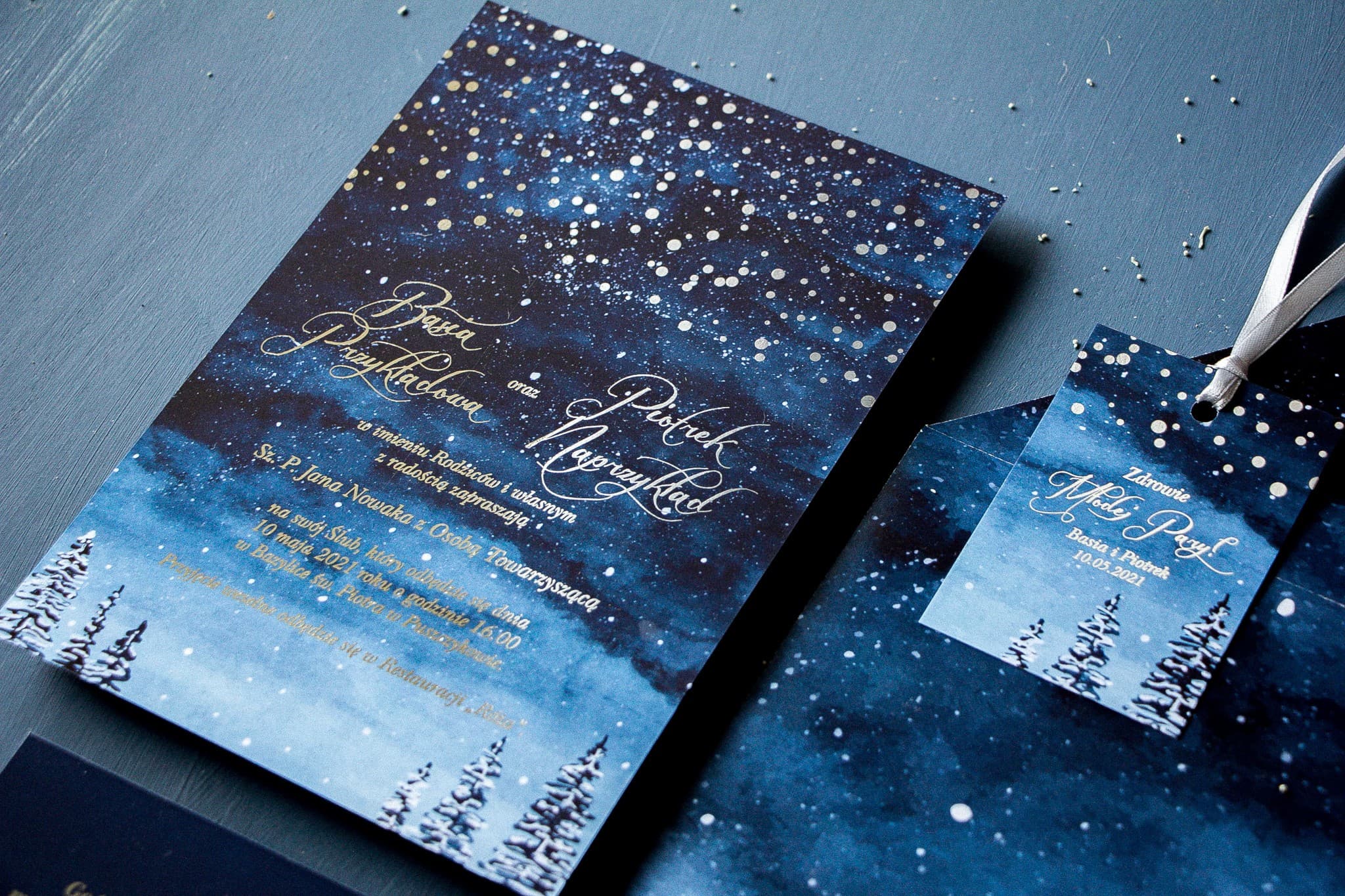 Faire-part argenté pour mariage Pastel n° 6 forêt d'hiver Amelia Wedding