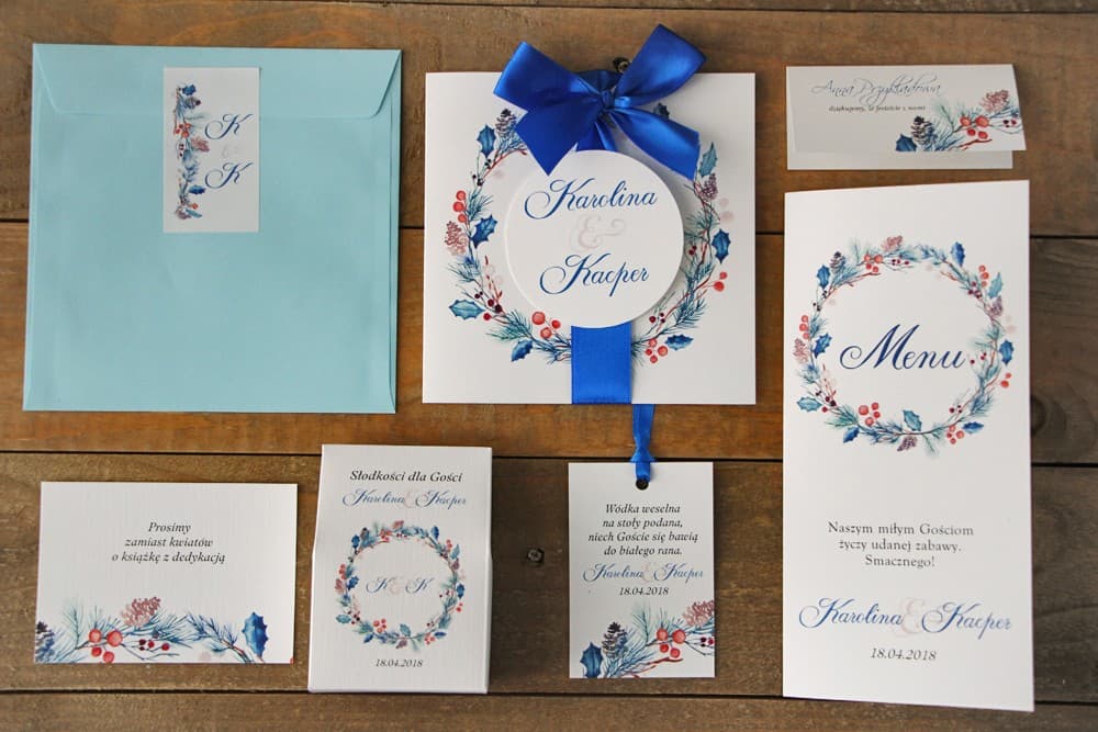 Ensemble de papeterie de mariage hiver Aquarelles n° 15 marque-places menu Amelia Wedding