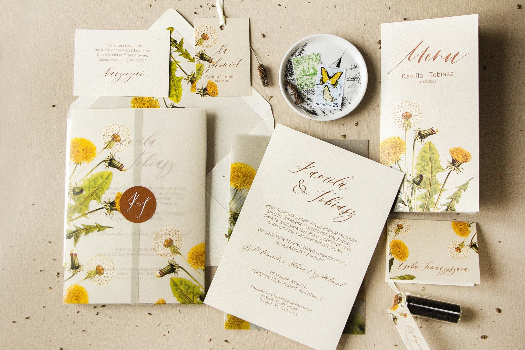 Faire-part de mariage botanique avec motif pissenlit Opal n° 6 Amelia Wedding