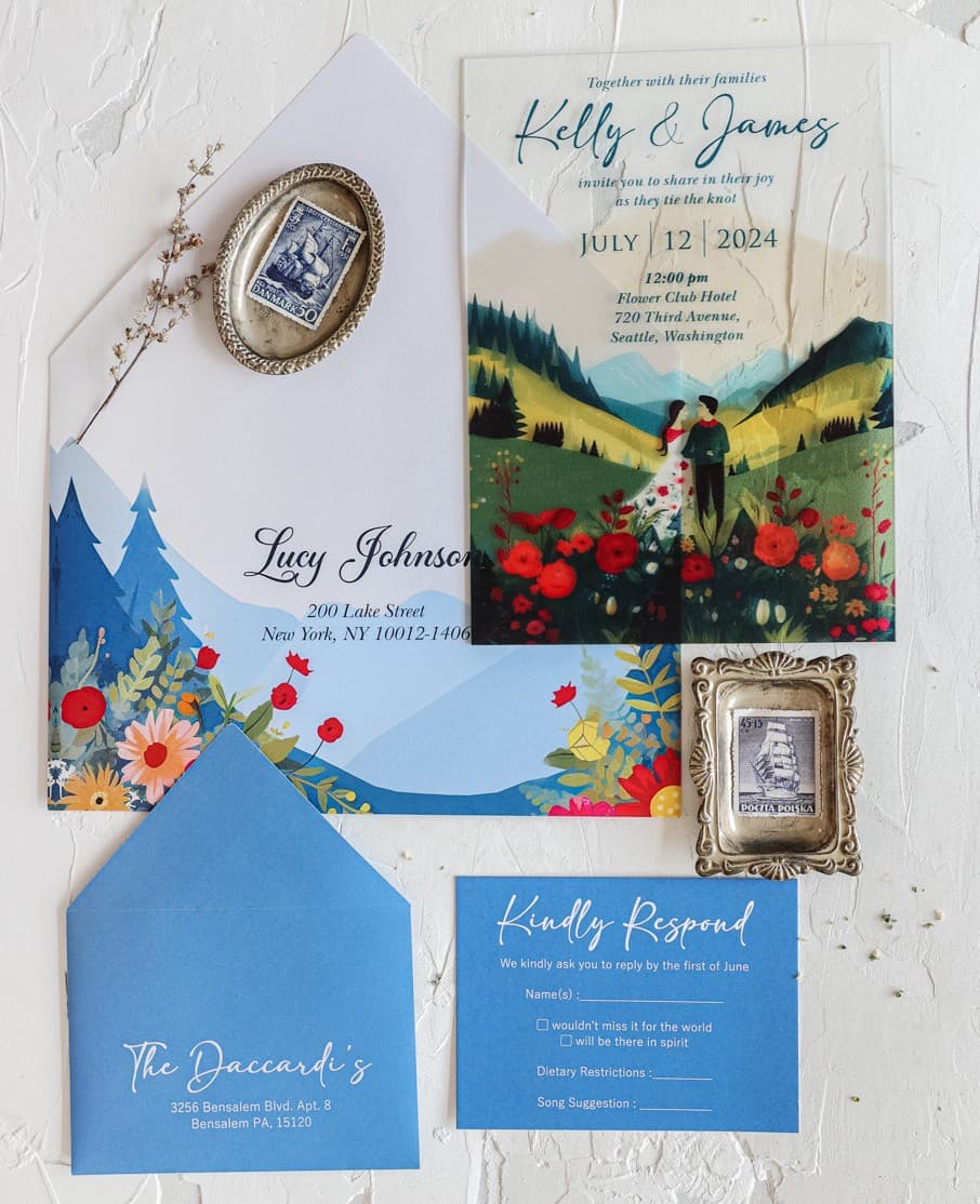 Ensemble de papeterie de mariage sur verre Korani n° 14 avec enveloppe et insert montagne Amelia Wedding