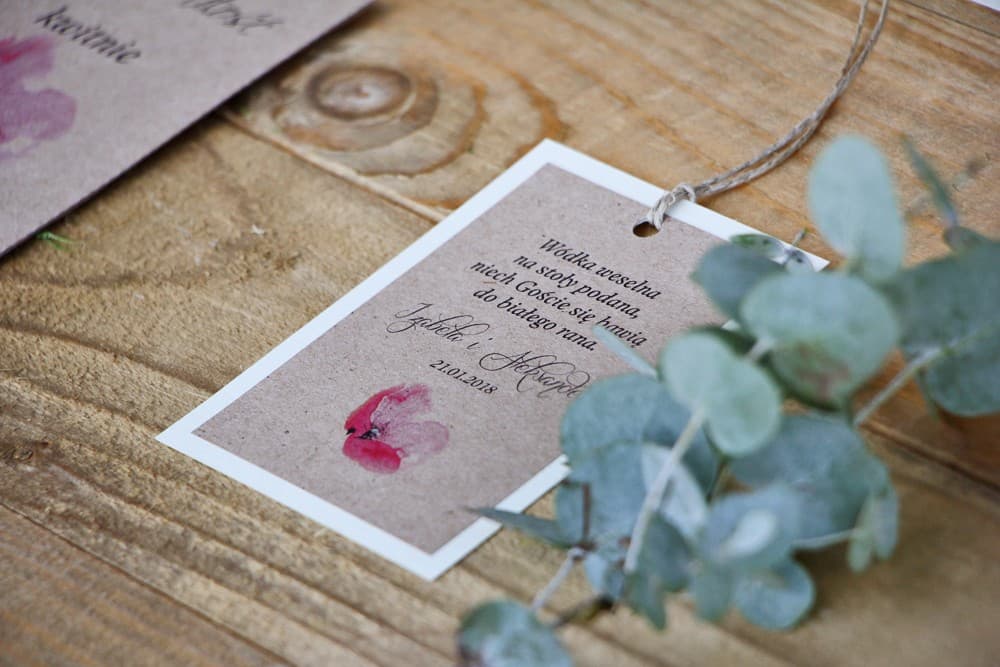 Flaschenanhänger für Hochzeitswermut Rosa Mohn, Leinenstruktur-Papier, Individueller Text | Alkohol-Anhänger für Hochzeit | Margaret Nr. 5