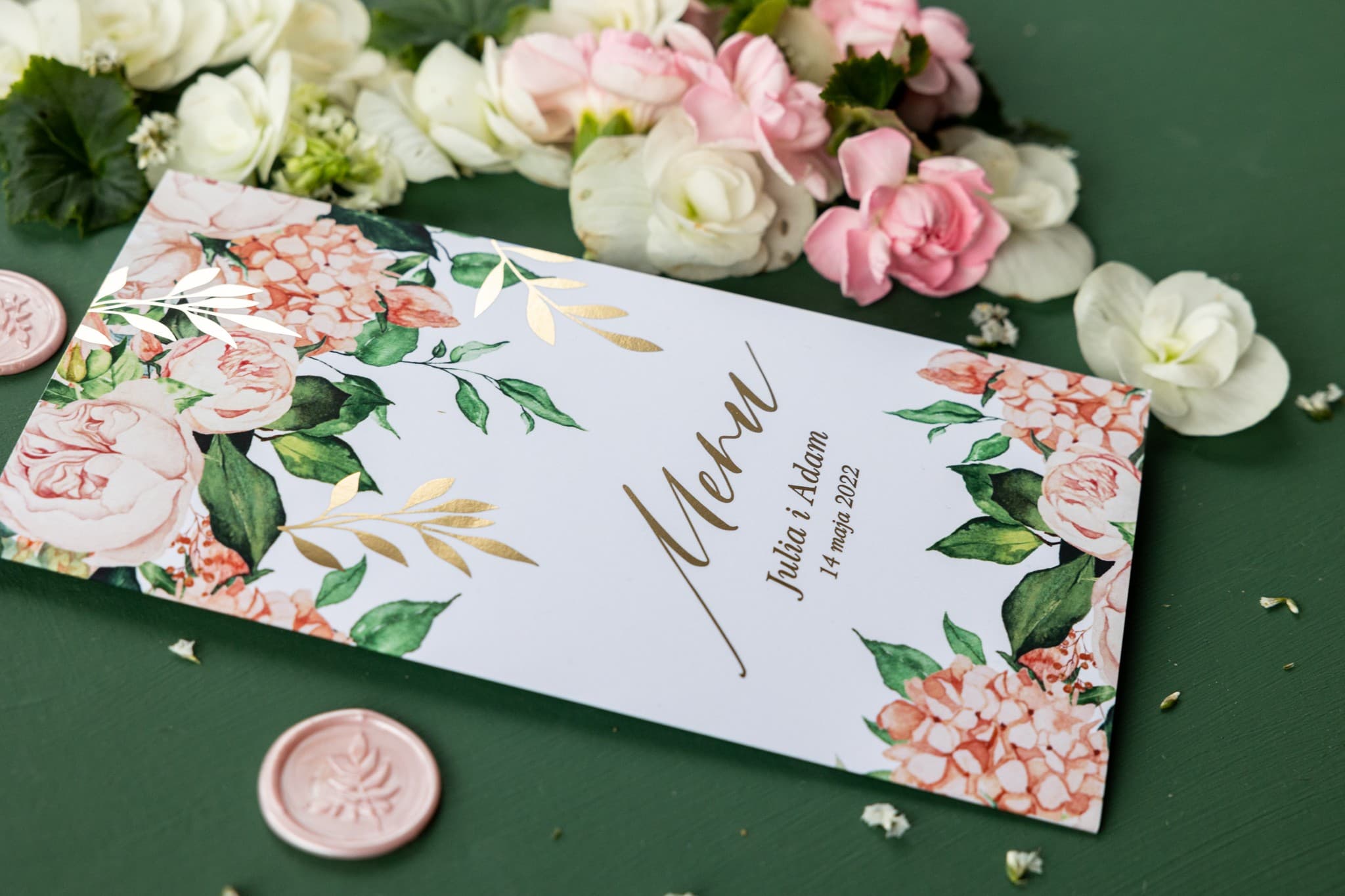 Elegant Gold Foiled Wedding Menu with Pink Peonies | Glamour Table Menu Card | Rubin No. 10