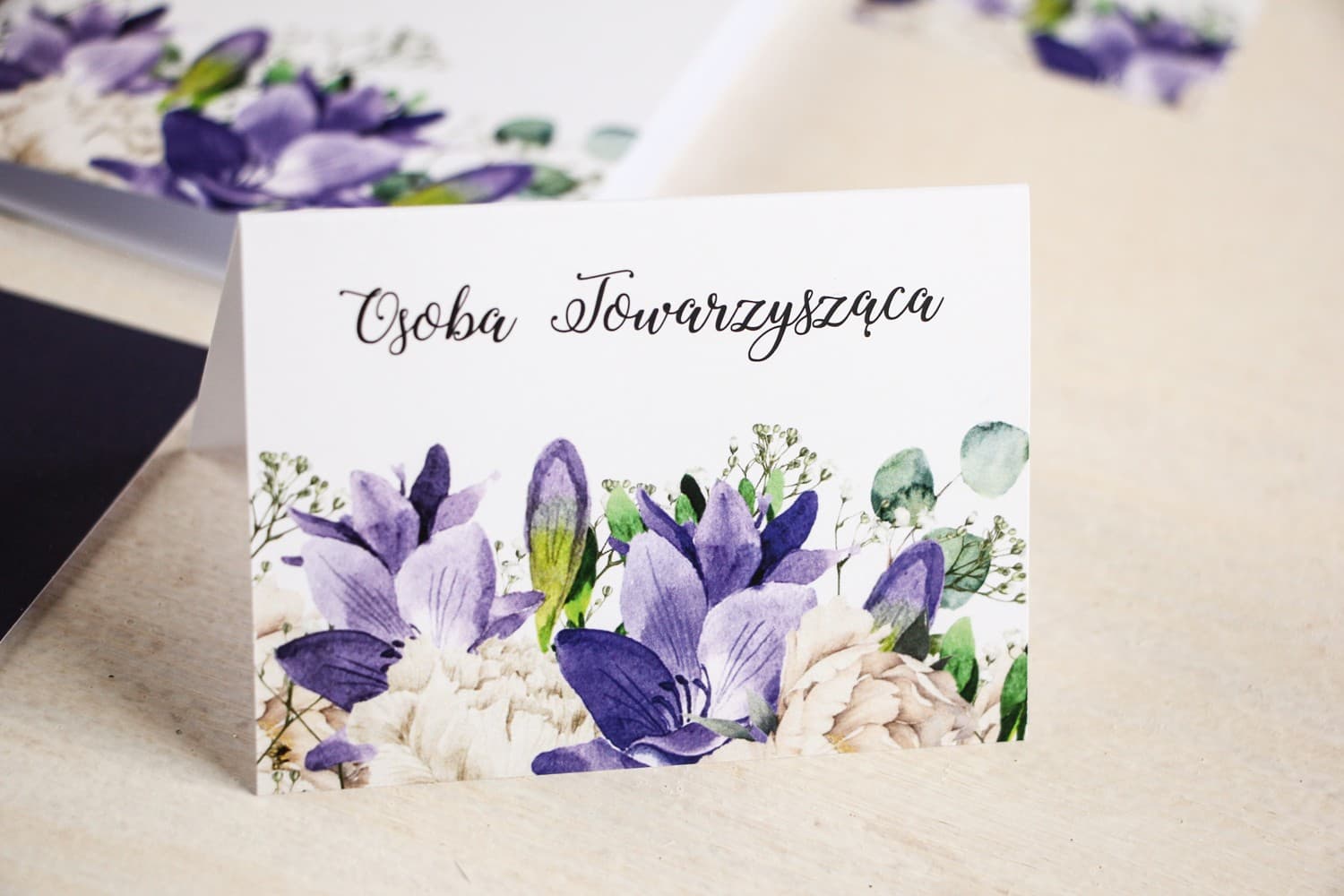 Aurum No. 1 Wedding Place Cards – Purple Freesia and Peony Floral Table Cards
