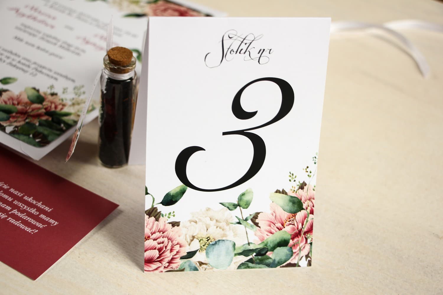 Elegant Wedding Table Numbers with Peonies | Floral Table Cards with Eucalyptus | Aurum No. 2