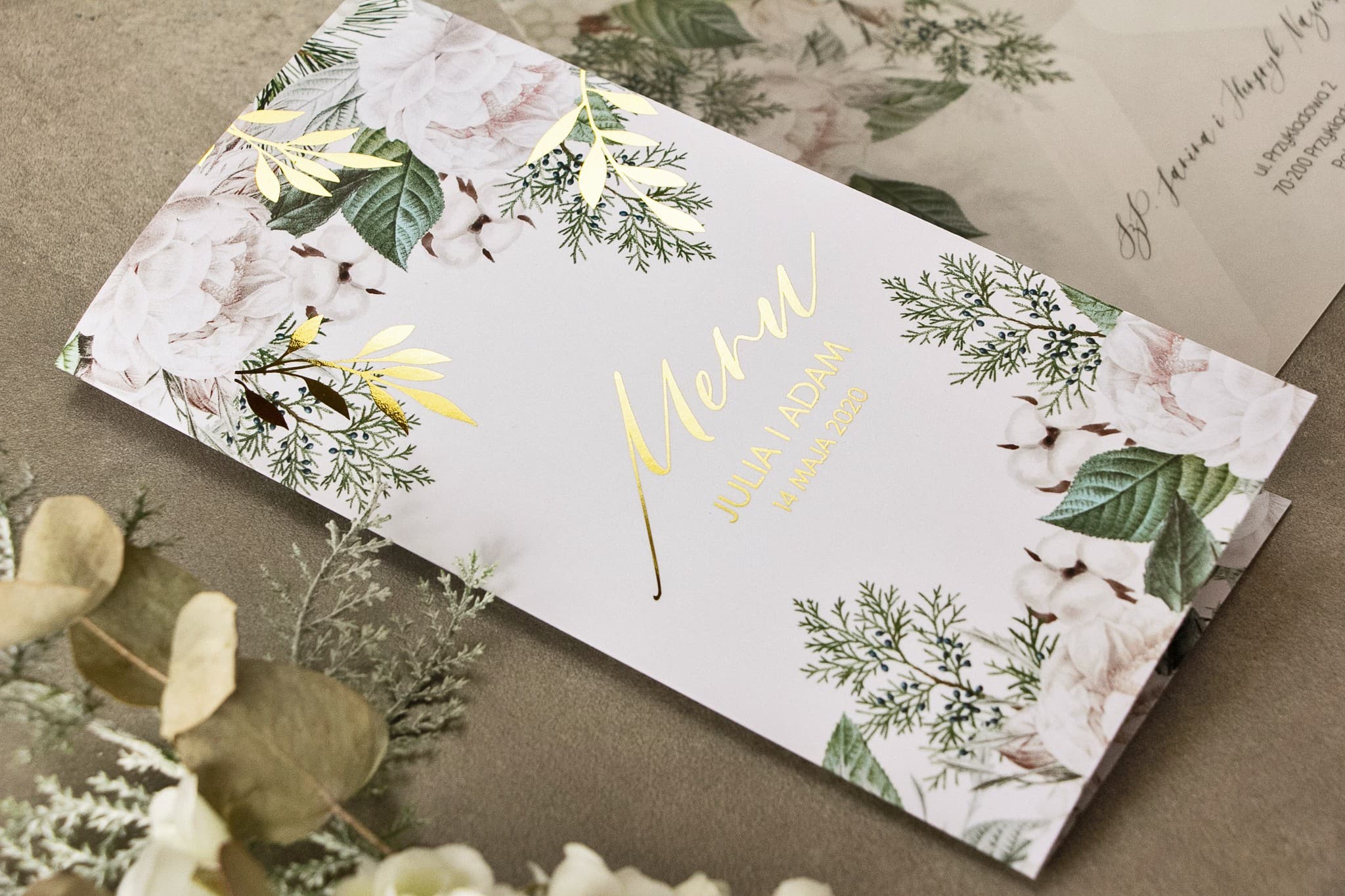 Hochzeitsmenü Rubin Nr. 6 – Vergoldete Menükarte Glamour