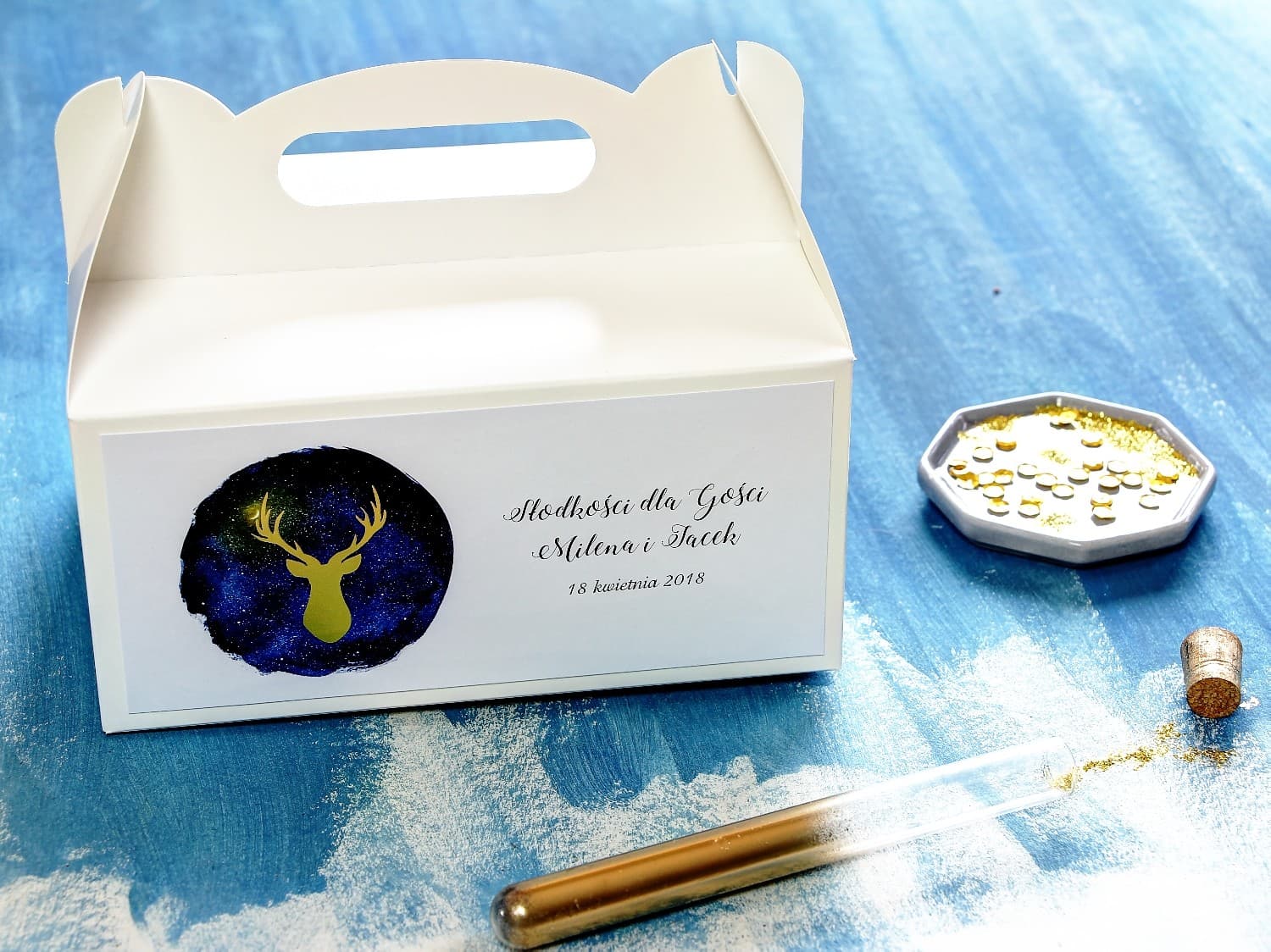 Foiled Stag Wedding Cake Box, Forest Theme | Wedding Favour Packaging | Midnight Sky No. 5