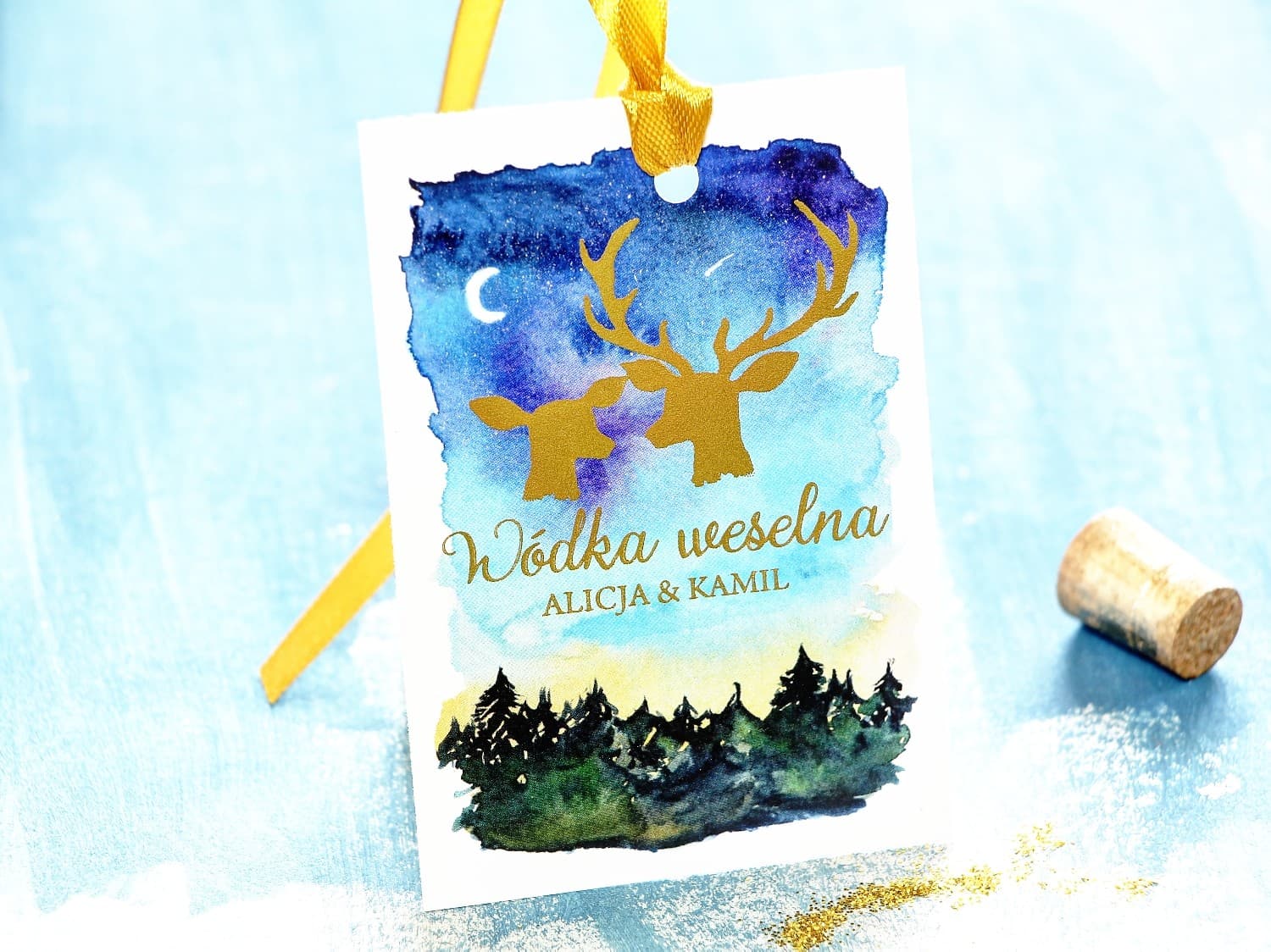 Foiled Wedding Bottle Tags with Deer | Elegant Alcohol Labels | Moonlit Night No. 9