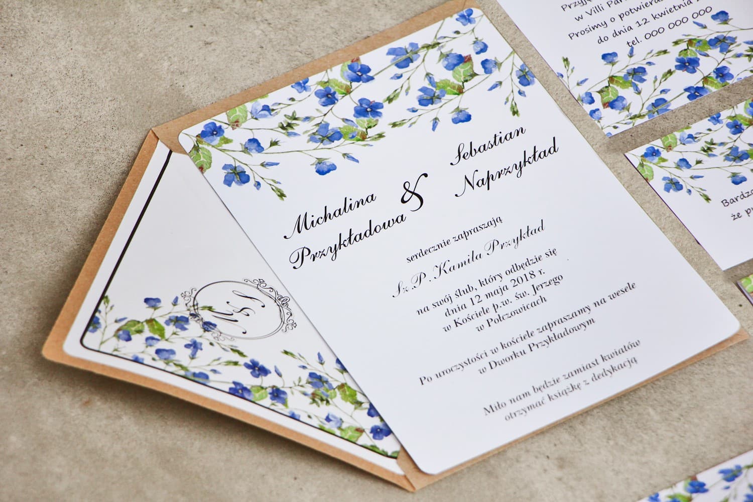 Boho Wedding Invitations with Watercolor Forget-Me-Not and Gold Foiling – Sorento No. 4 - 2