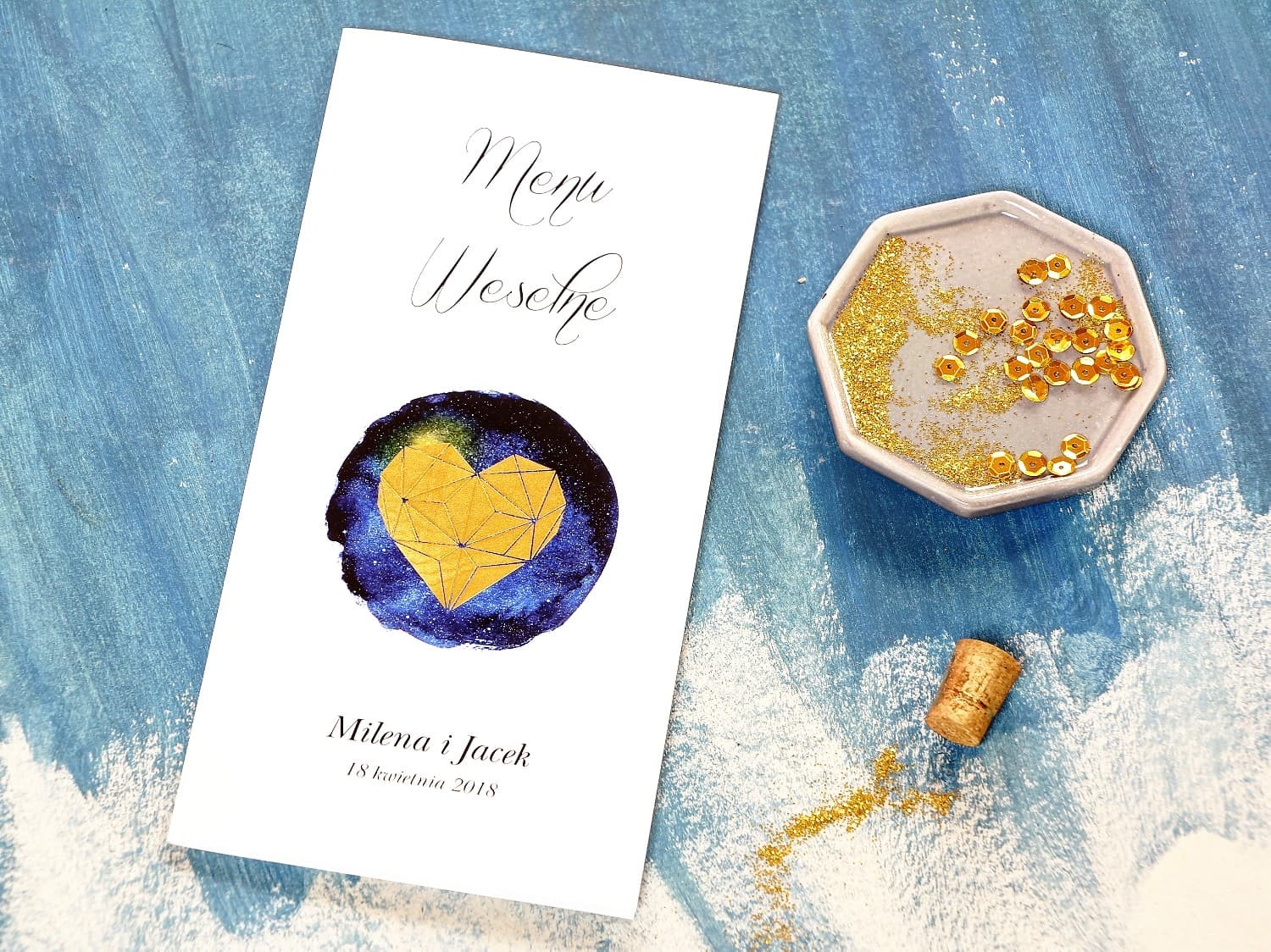 Elegant Navy Blue Wedding Menu with Gold Heart, Glamour Style | Wedding Table Menu | Moonlit Night No. 1
