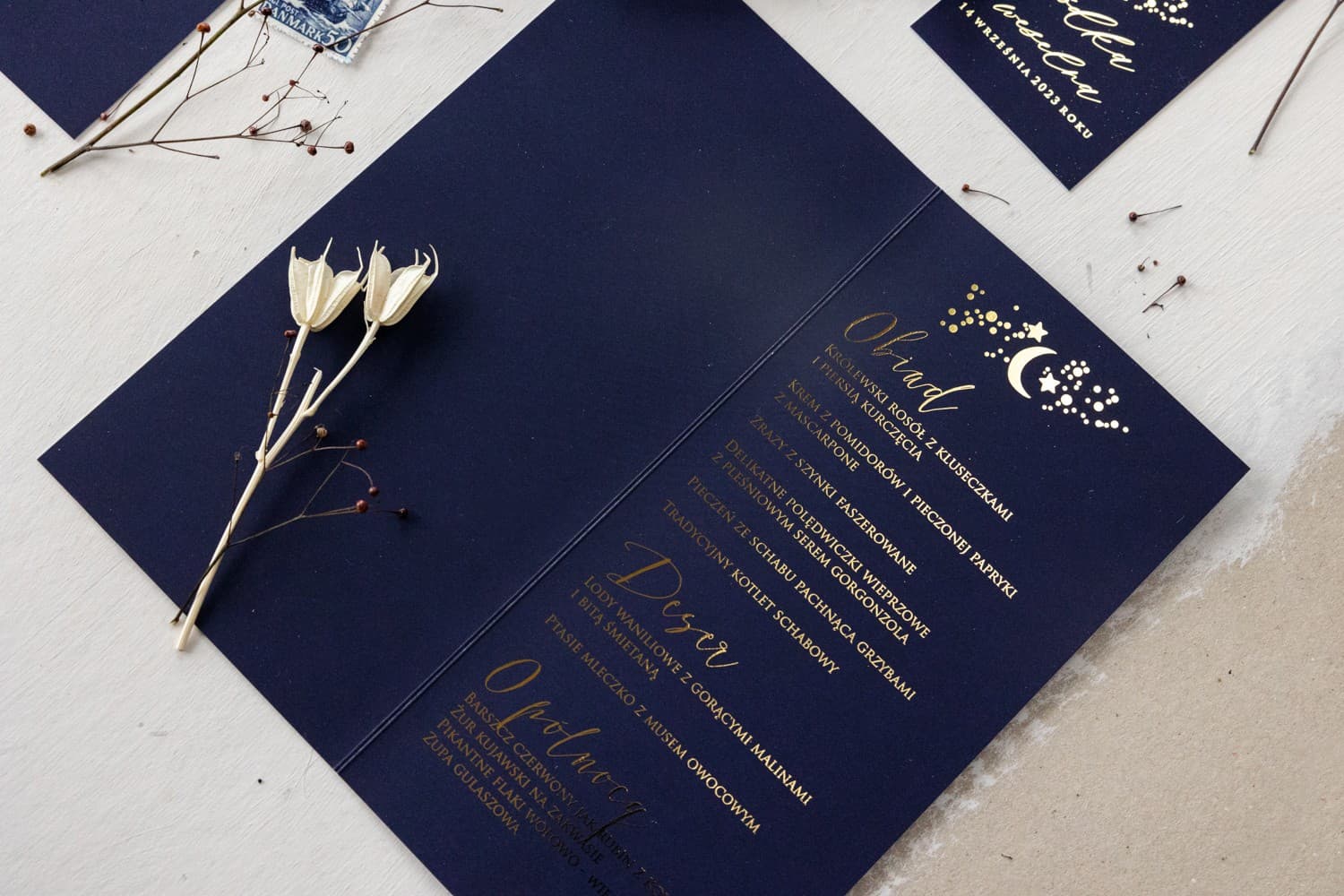 Foiled Navy Blue Wedding Menu with gold stars. Double-sided foiling included.
