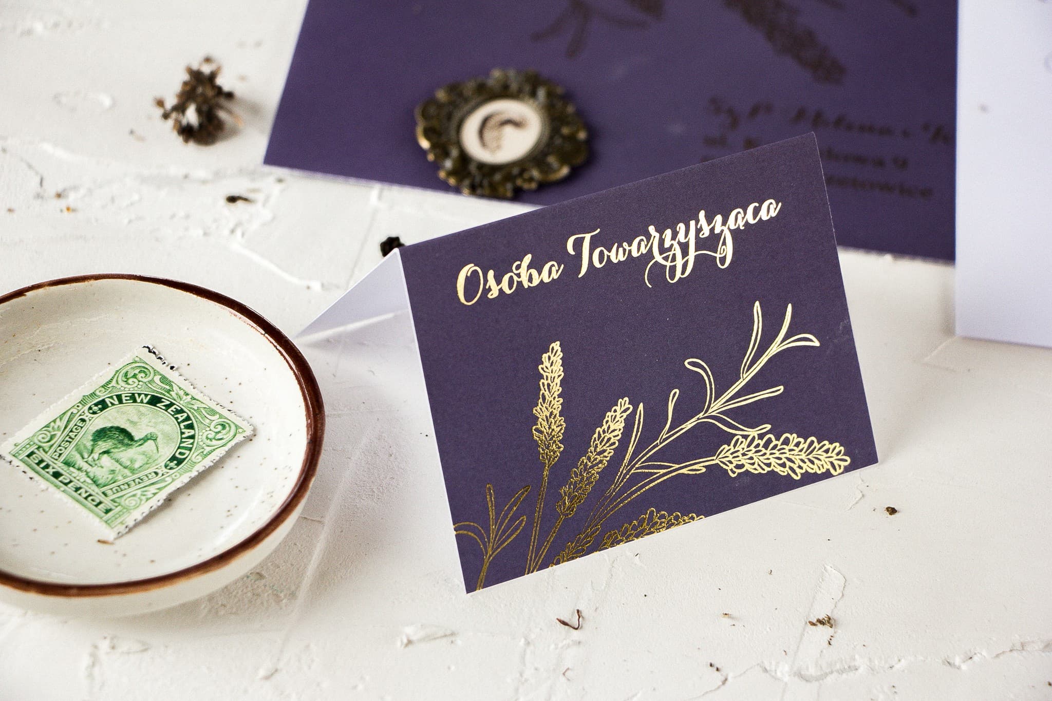 Wedding Place Cards Design 3 – Foiled Table Cards with Lavender Motif