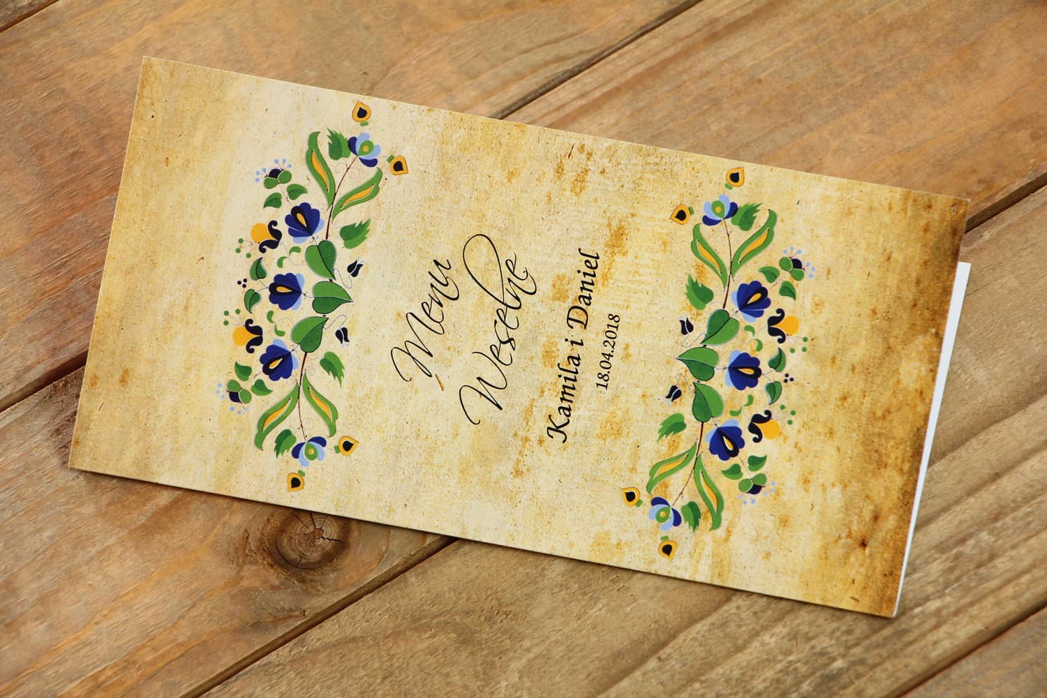 Folded Wedding Menu with Wood and Floral Motif | Rustic Folk Wedding Menu | Folk No. 2