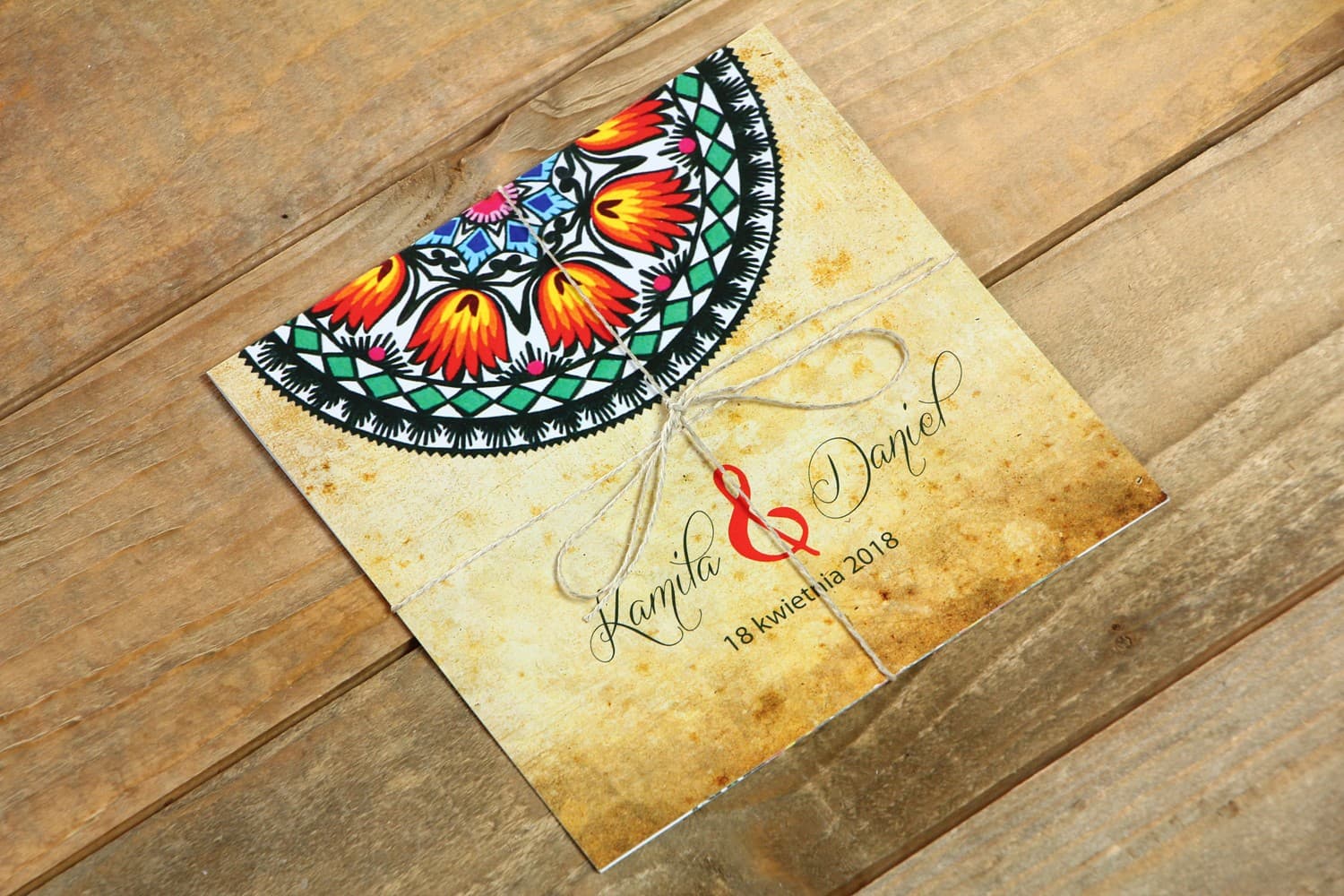 Folk No. 1 Folk Wedding Invitations with Colorful Lowicz Patterns and Twine