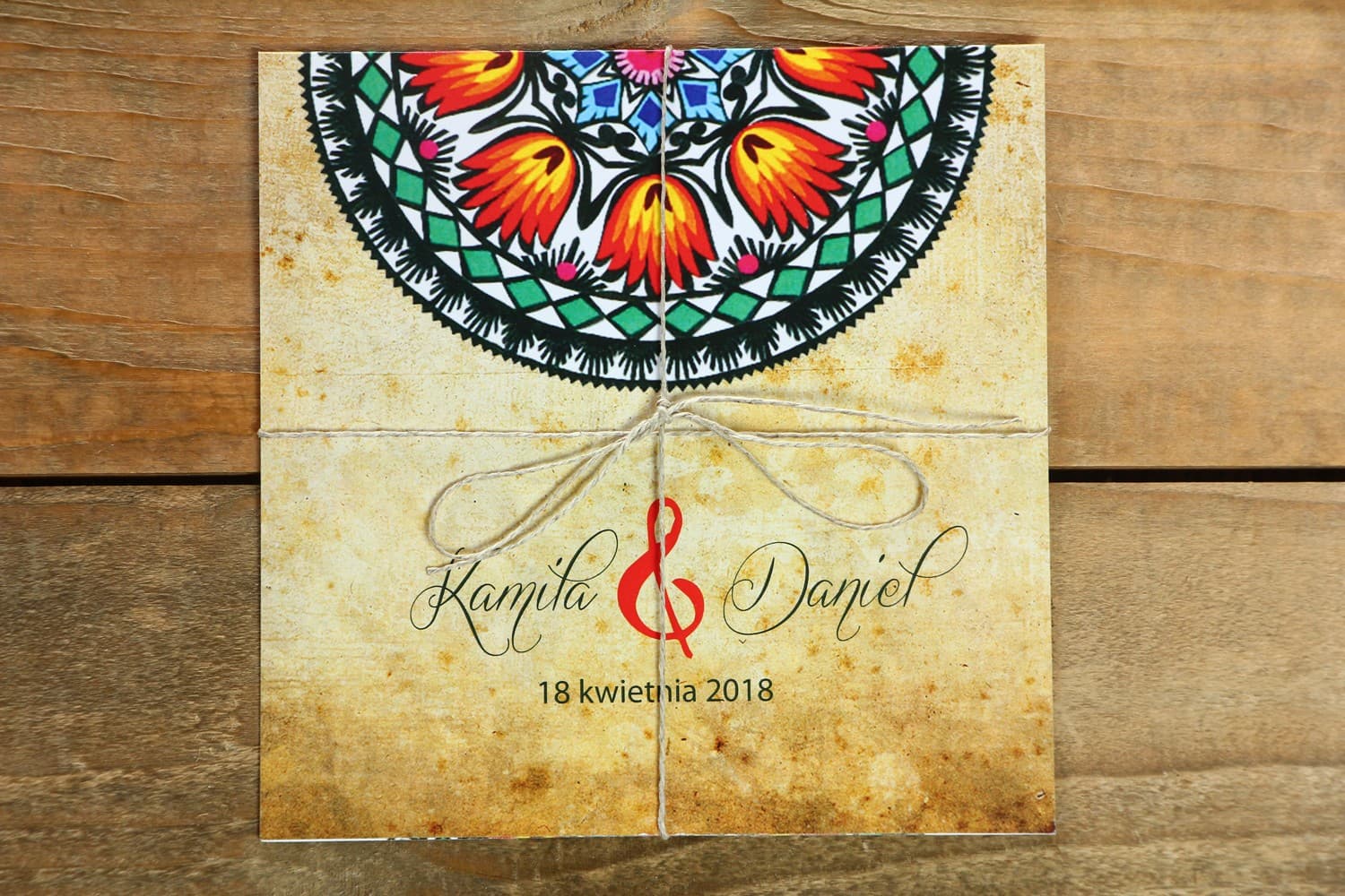 Folk No. 1 Folk Wedding Invitations with Colorful Lowicz Patterns and Twine - 2