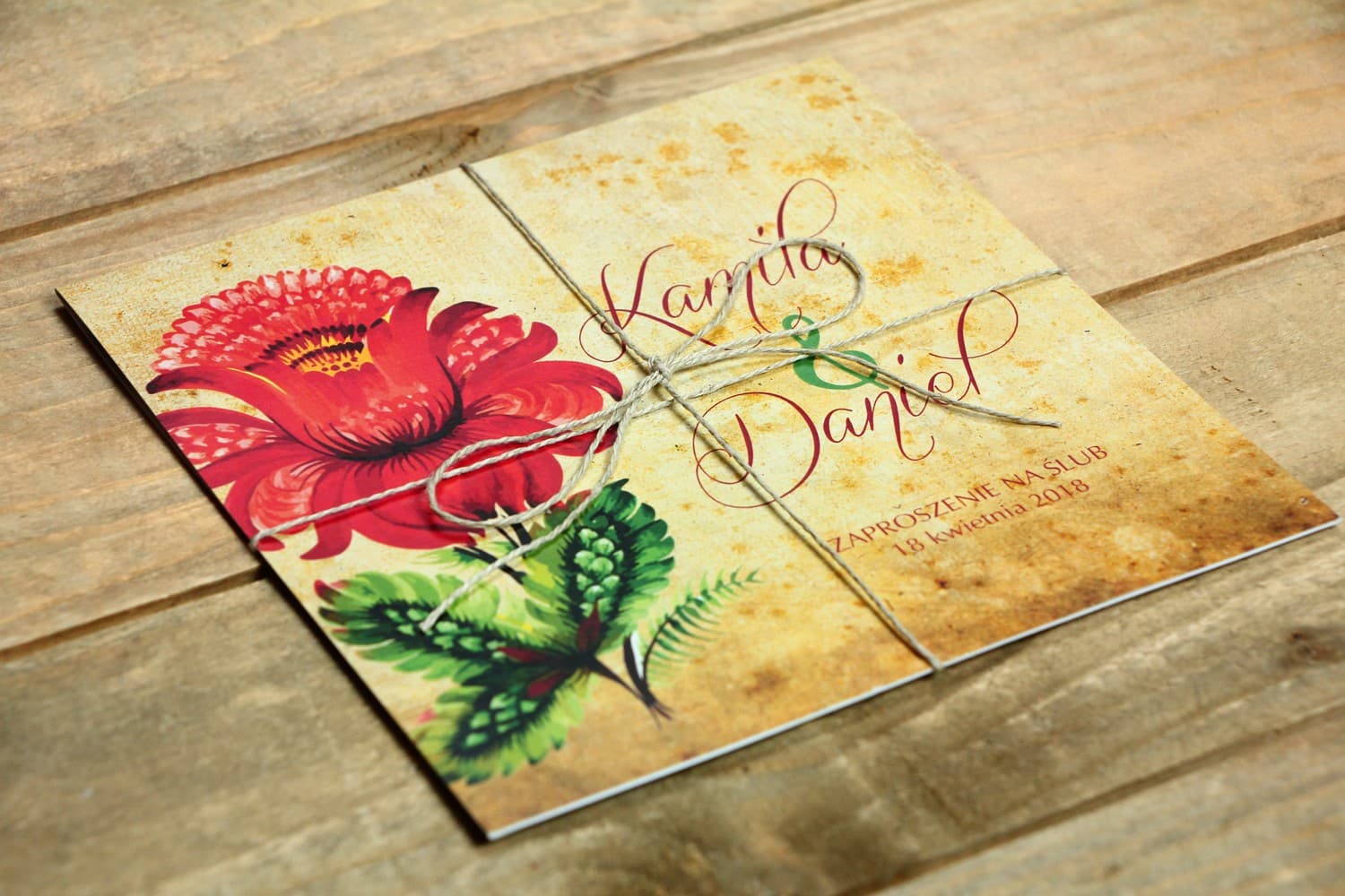 Folk Style Wedding Invitations with Colourful Flowers and Twine – Folk No. 5