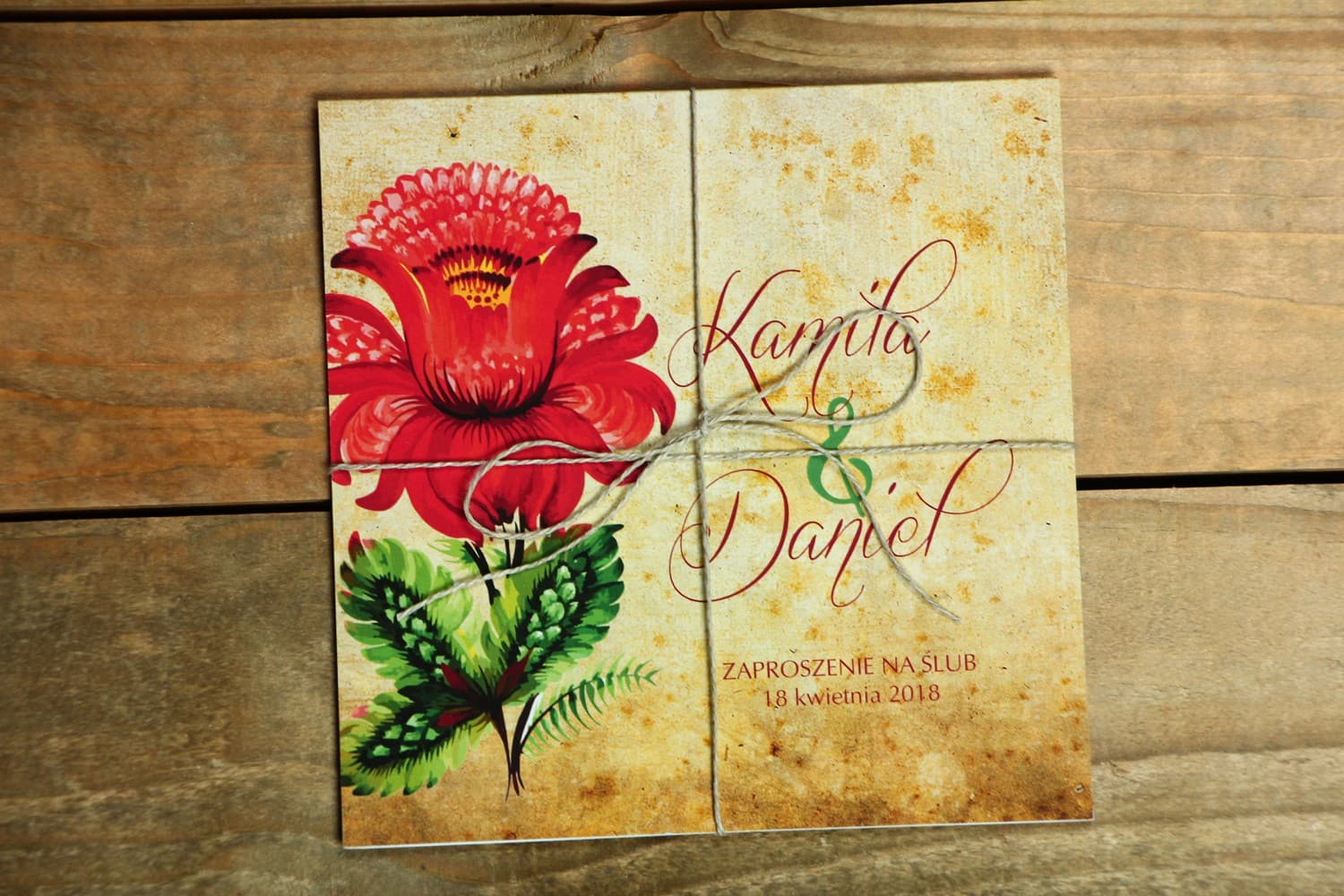 Folk Style Wedding Invitations with Colourful Flowers and Twine – Folk No. 5 - 2