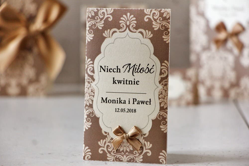 Forget-Me-Not Seed Wedding Favours with Brown Ornament on Pearl Paper | Original Guest Thank You Gifts | Ornament Design 6