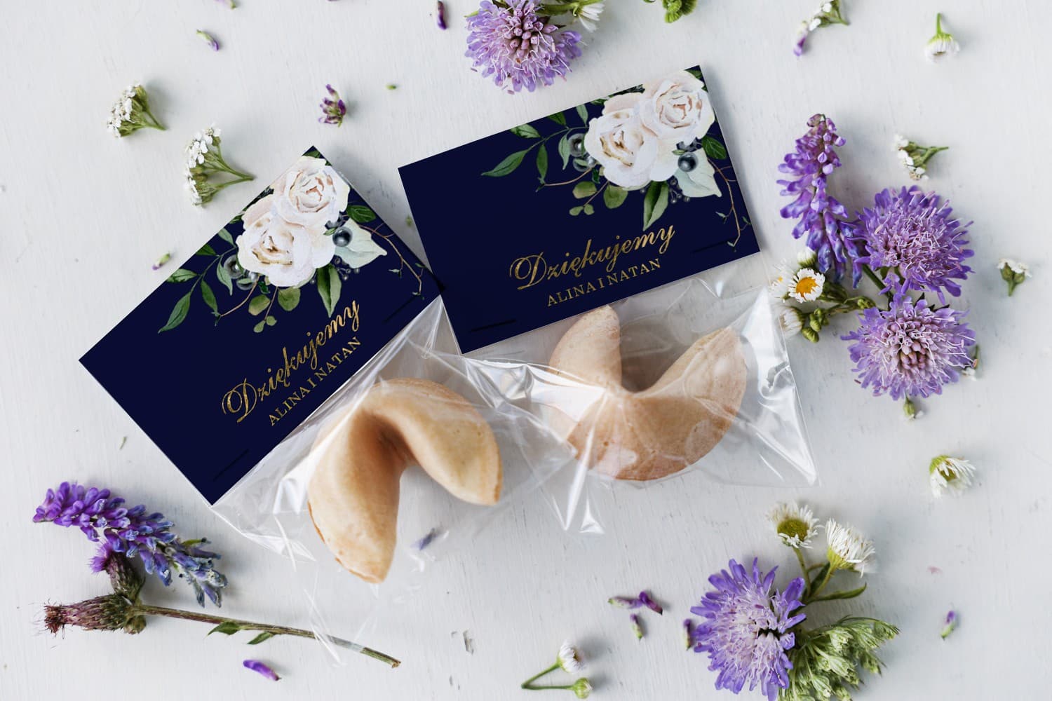 Navy Blue Hydrangea Gilded Fortune Cookies | Personalized Wedding Favours | Szafirowe No. 7