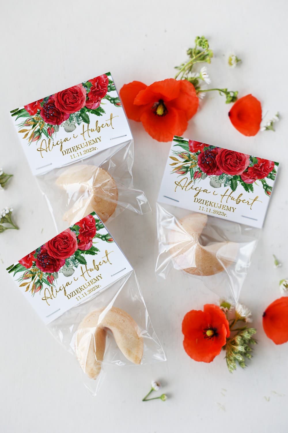 Fortune Cookie Wedding Favours with Burgundy Roses – Rubin Collection Design 8