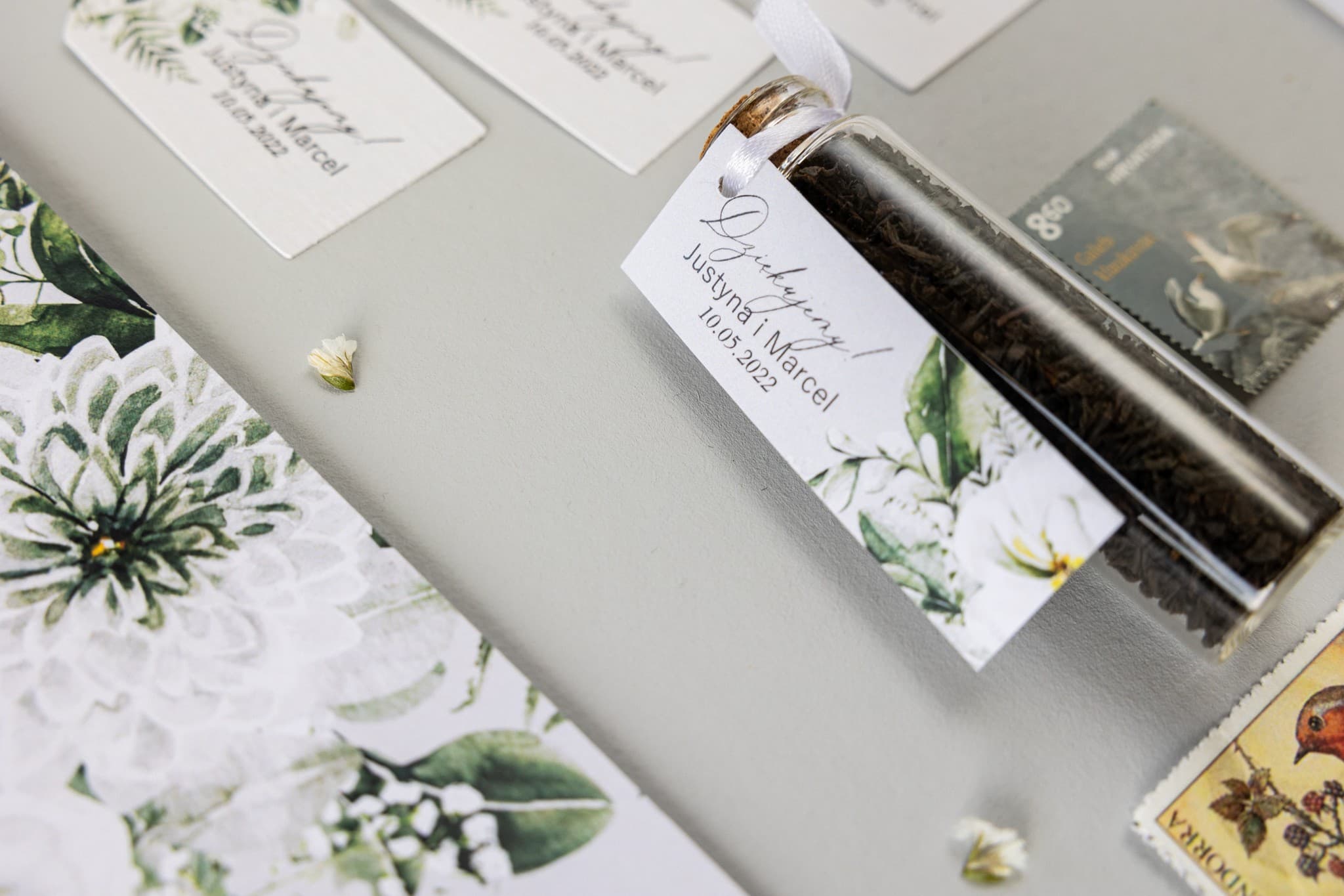 Frascos con Té, Etiqueta Floral con Aster | Detalles para Invitados de Boda | Soft nº 4