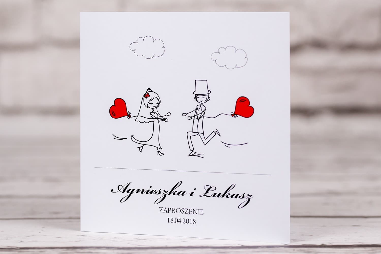 Humorous Wedding Invitation with Cartoon Bride and Groom and Red Balloons – Bueno No. 5