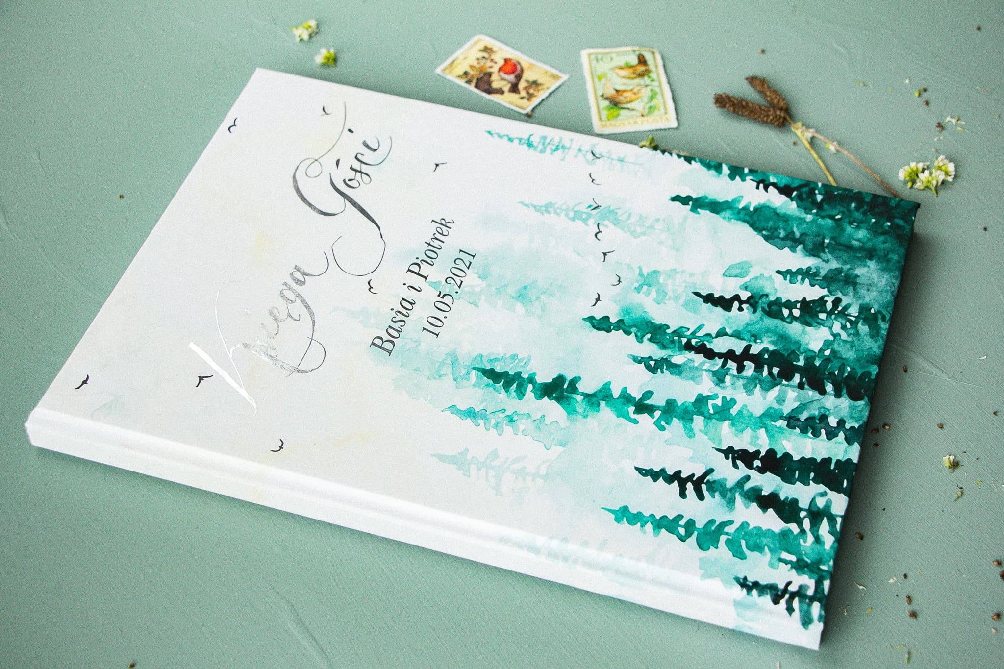 Gästebuch Hochzeit Waldlandschaft Aquarell Silber | Personalisiertes Andenken | Kollektion Pastelowe Nr. 7