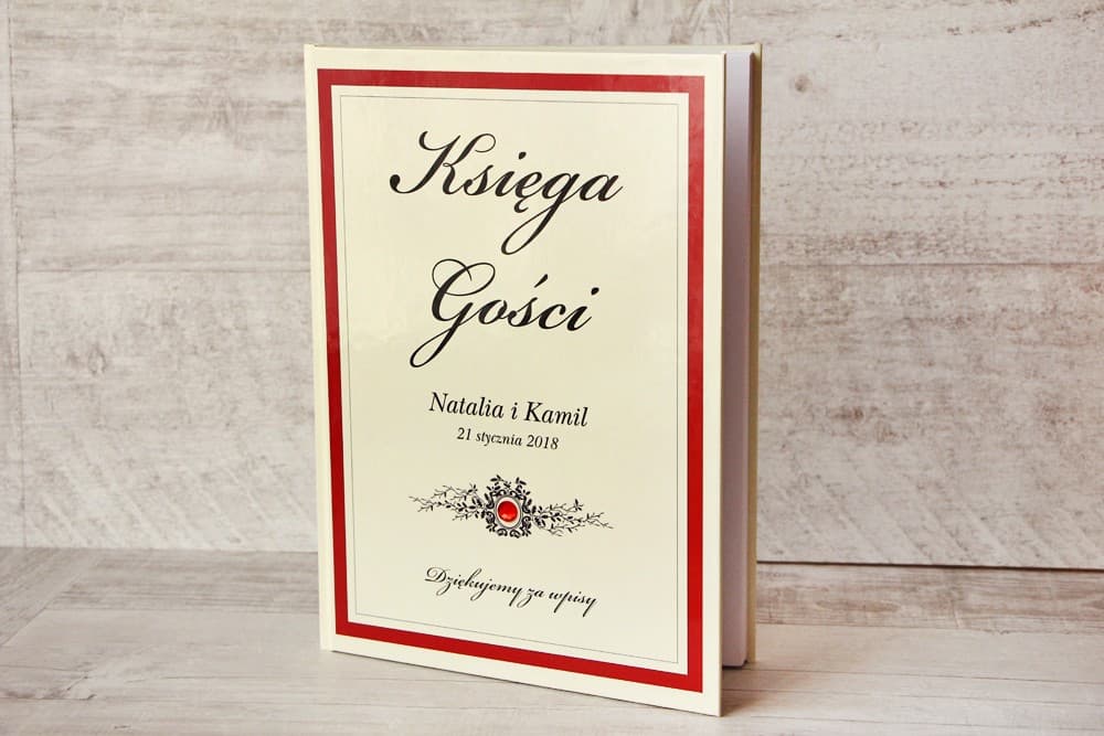 Eleganteres Gästebuch mit Spitze und rotem Akzent, personalisiert | Hochzeitsgästebuch A4 | Kollektion Z Koronka Nr. 9