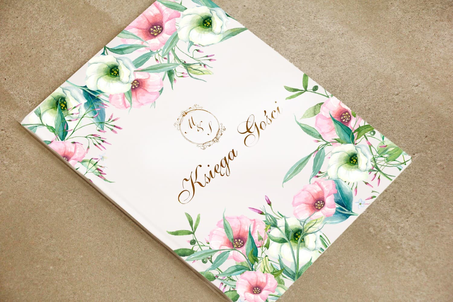 Personalisiertes Gästebuch mit goldenem Monogramm und Blumen | Elegantes Hochzeitsandenken | Sorento Nr. 8