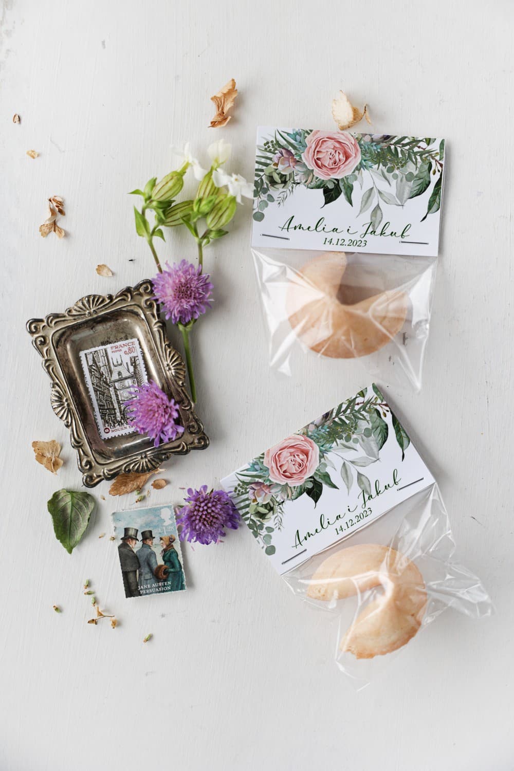 Elegantes galletas de la fortuna, motivo peonías | Detalles para Invitados de Boda | Korani n.º 11