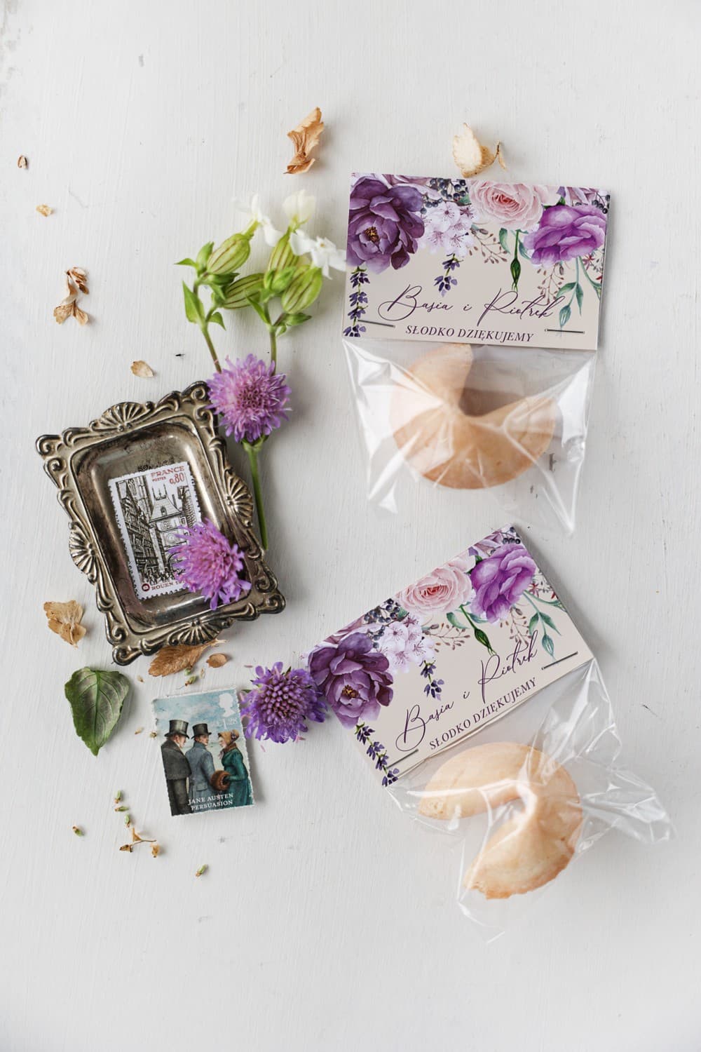 Galleta de la Fortuna Lavanda y Rosas Personalizada | Detalles para Invitados de Boda | Korani nº 5