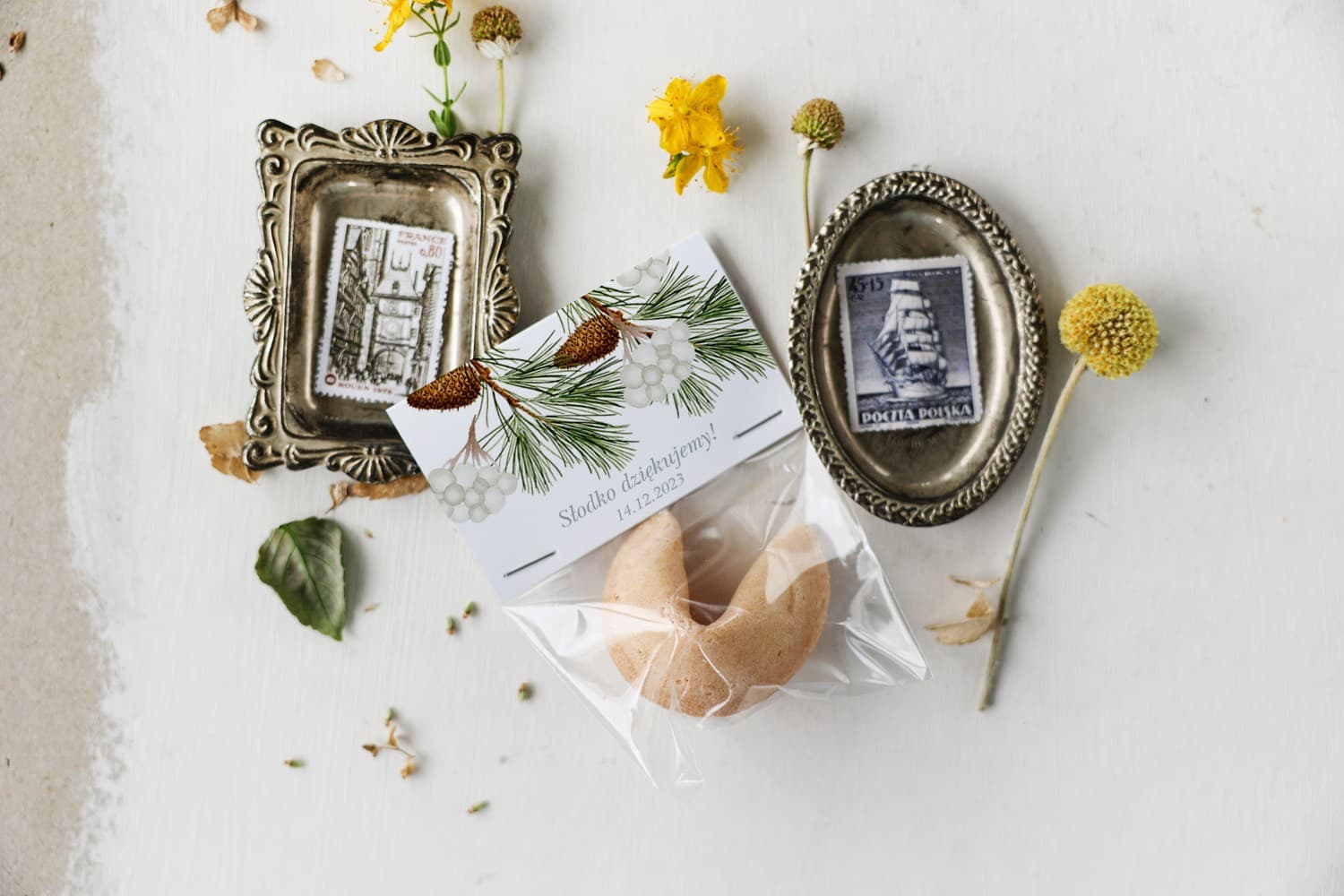 Galleta de la fortuna, motivo de pino y algodón | Dulces detalles para invitados de boda | Korani n.º 8