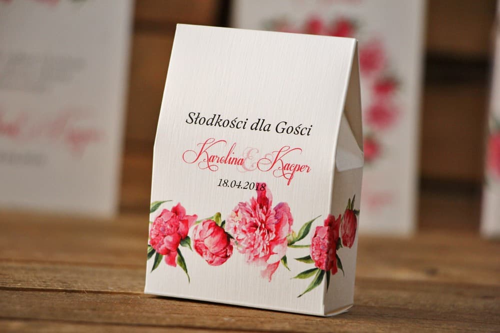 Gastgeschenk-Box mit Dankeschön, Aquarell-Pfingstrosen | Süße Hochzeitsaufmerksamkeiten | Kollektion Akwarele Nr. 6