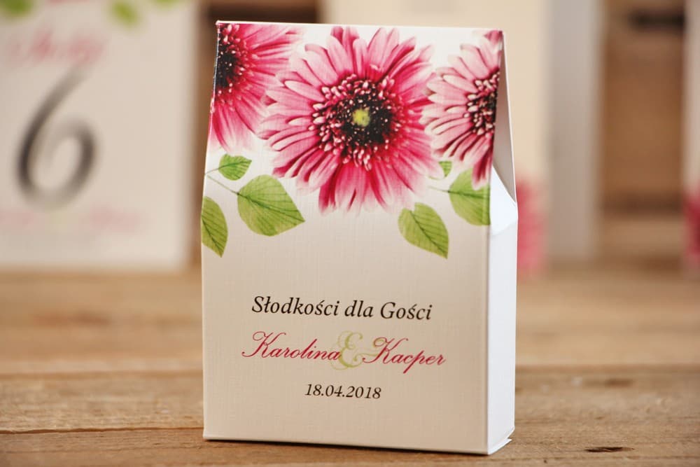 Stehende Gastgeschenk-Box für Süßigkeiten - Akwarele Nr. 20 - Rosa Gerbera