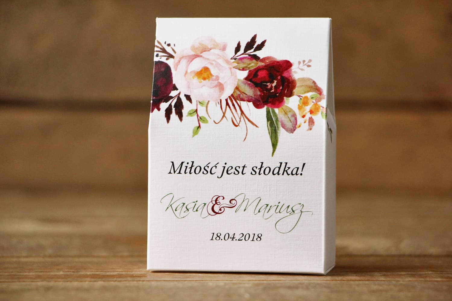 Bordeauxrote Gastgeschenke Boxen mit Pfingstrosen-Motiv | Elegante Dankeschön-Geschenke | Kollektion Malowane Kwiaty Nr. 29