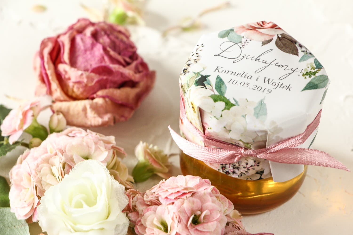 Honigglas Wenis Nr. 1 – Süßes Gastgeschenk mit Hortensie und Rose