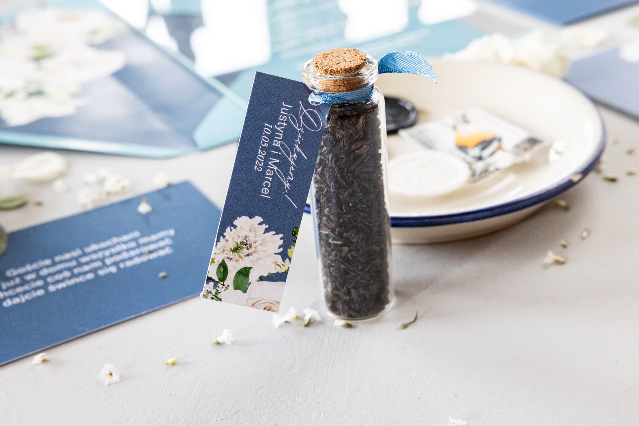 Gastgeschenke Teeglas, Pfingstrosen-Motiv, Dusty Blue | Hochzeitsgeschenke für Gäste | Soft Nr. 5