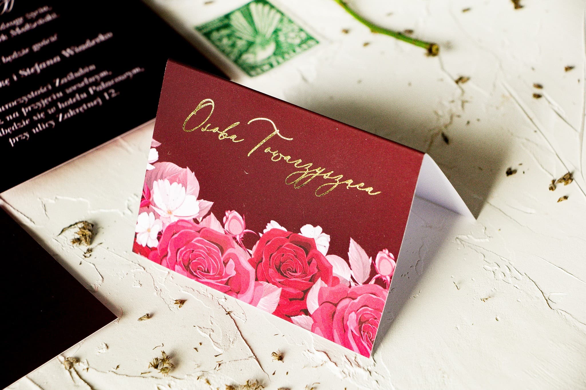 Serenity No. 2 Wedding Place Cards – Burgundy Table Cards with Gold Foil