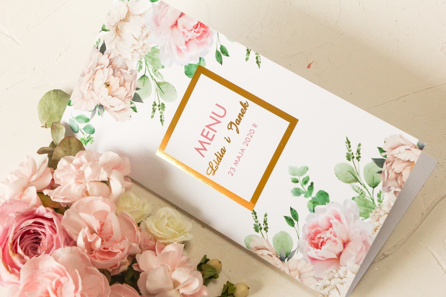 Gilded Wedding Menu with Peonies, Personalized Menu Cards | Elegant Wedding Menu | Avril No. 3