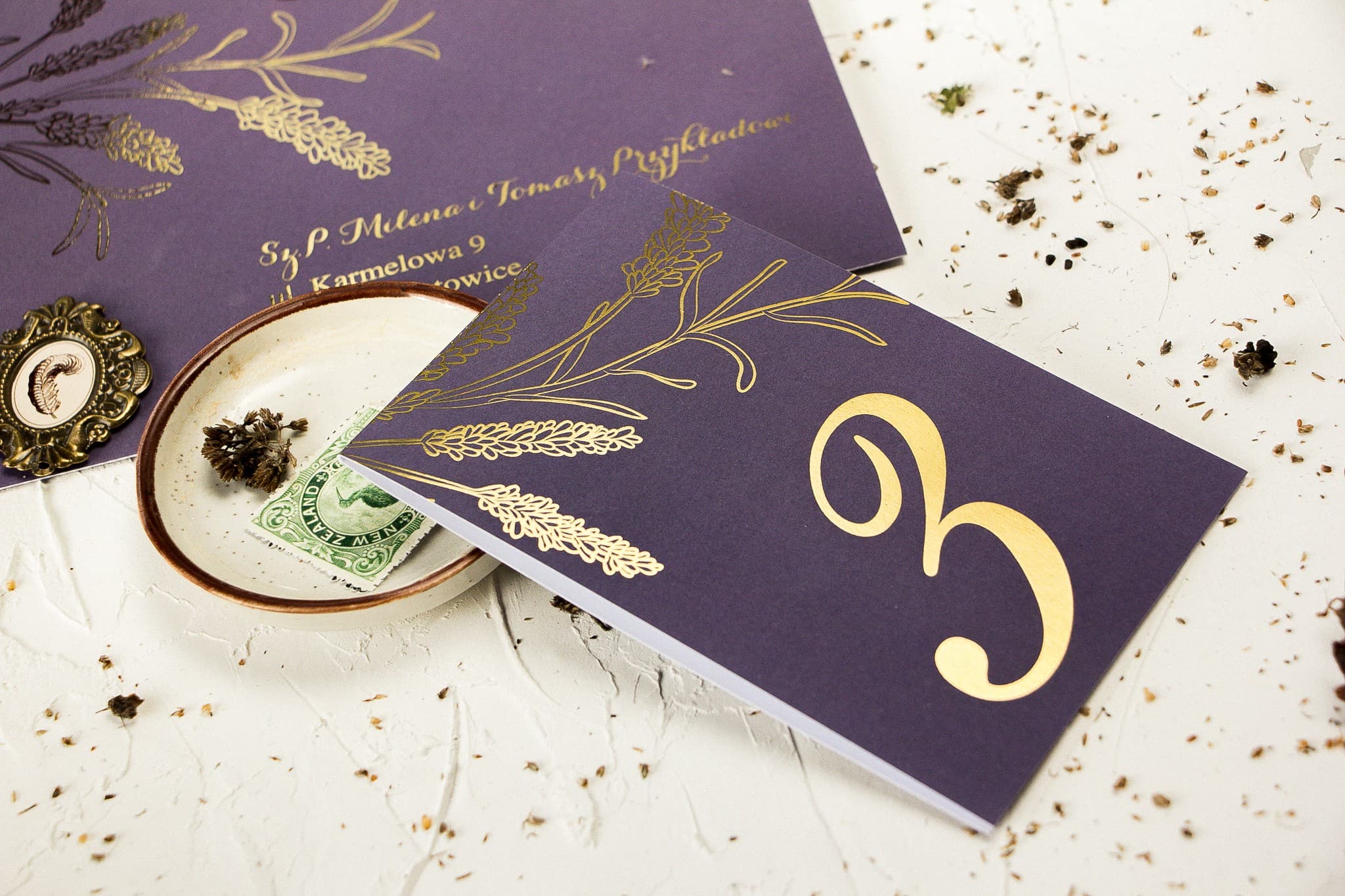 Gilded Lavender Wedding Table Numbers Purple | Elegant Table Number Cards | Design 3