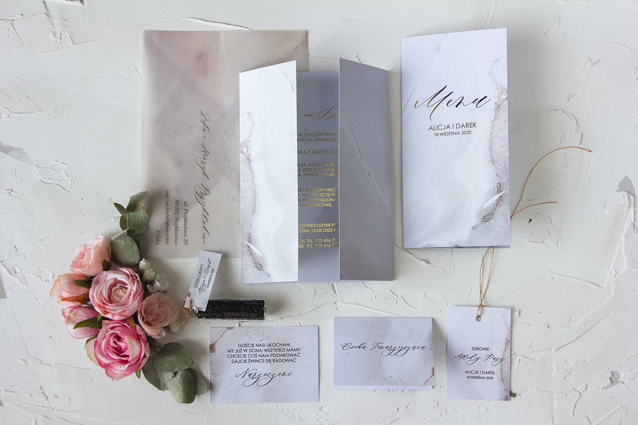 Glamour Wedding Invitations with Champagne Marble and Translucent Envelope – Marble No. 1 - 3