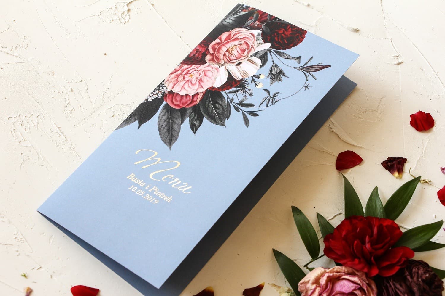 Elegant Blue Silver Foiled Wedding Menu with Roses | Glamour Wedding Menu Card | Pastel No. 1