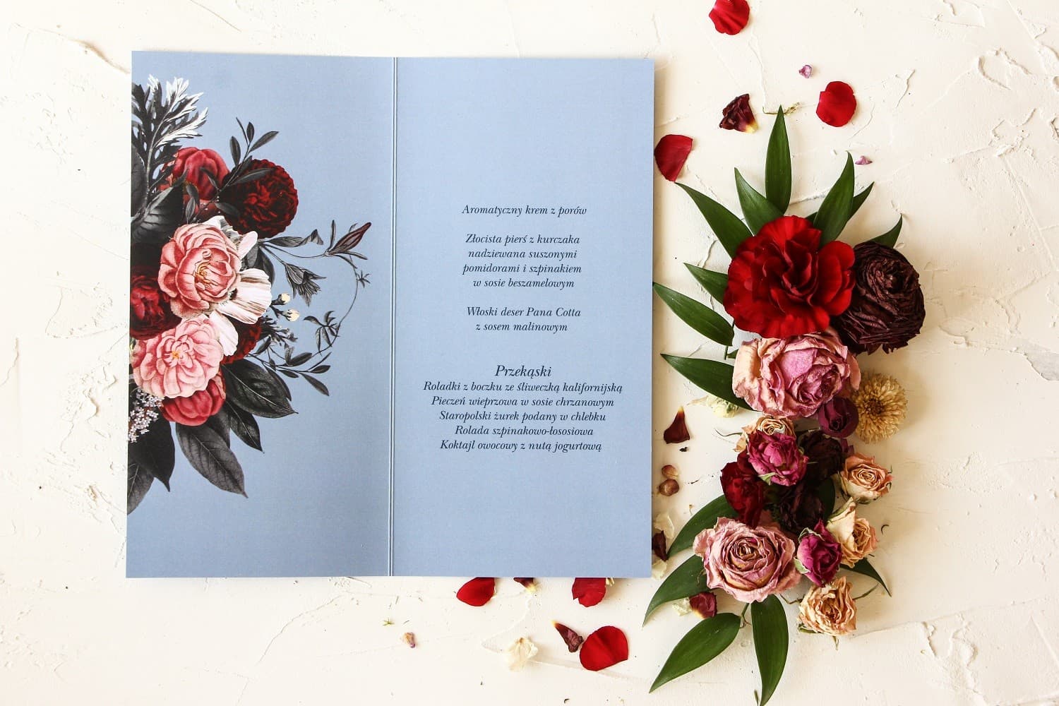 Elegant Blue Silver Foiled Wedding Menu with Roses | Glamour Wedding Menu Card | Pastel No. 1 - 2