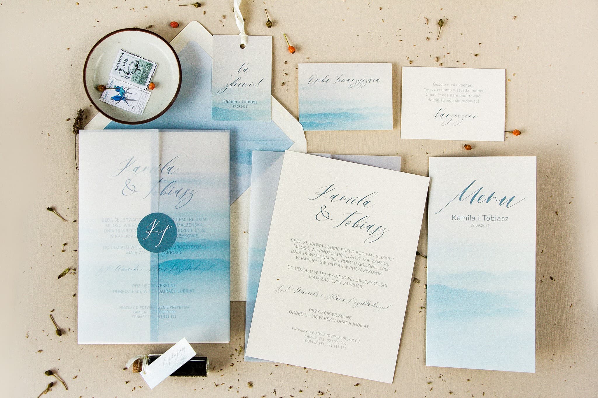 Glamour Wedding Invitations with Vellum and Blue Watercolour on Pearlescent Paper – Opal No. 4