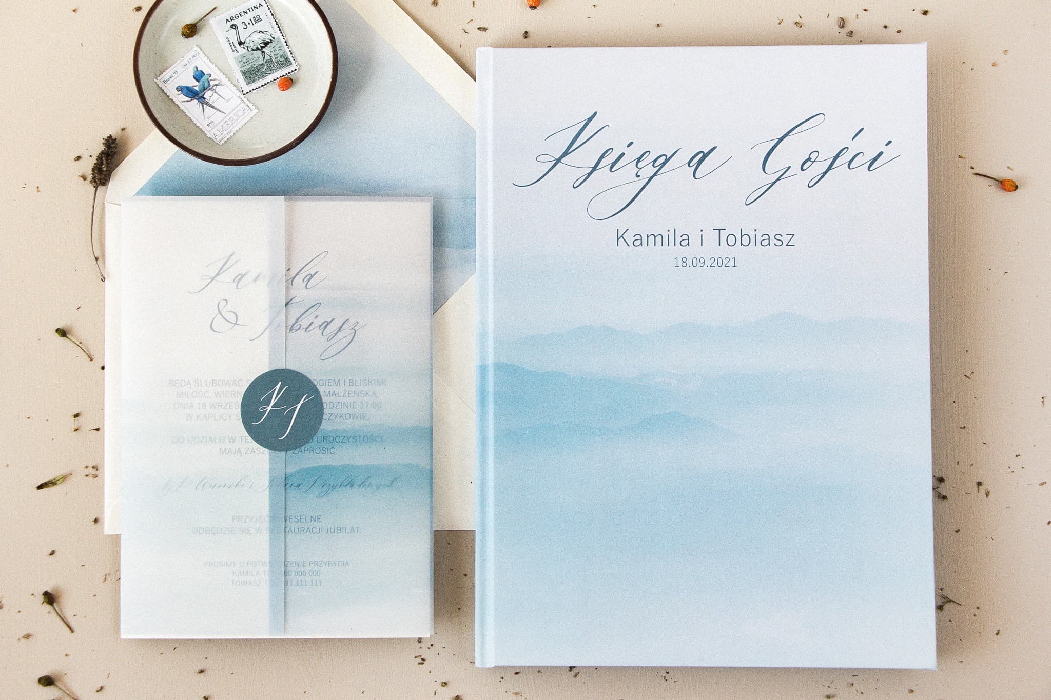 Glamour Wedding Invitations with Vellum and Blue Watercolour on Pearlescent Paper – Opal No. 4 - 2