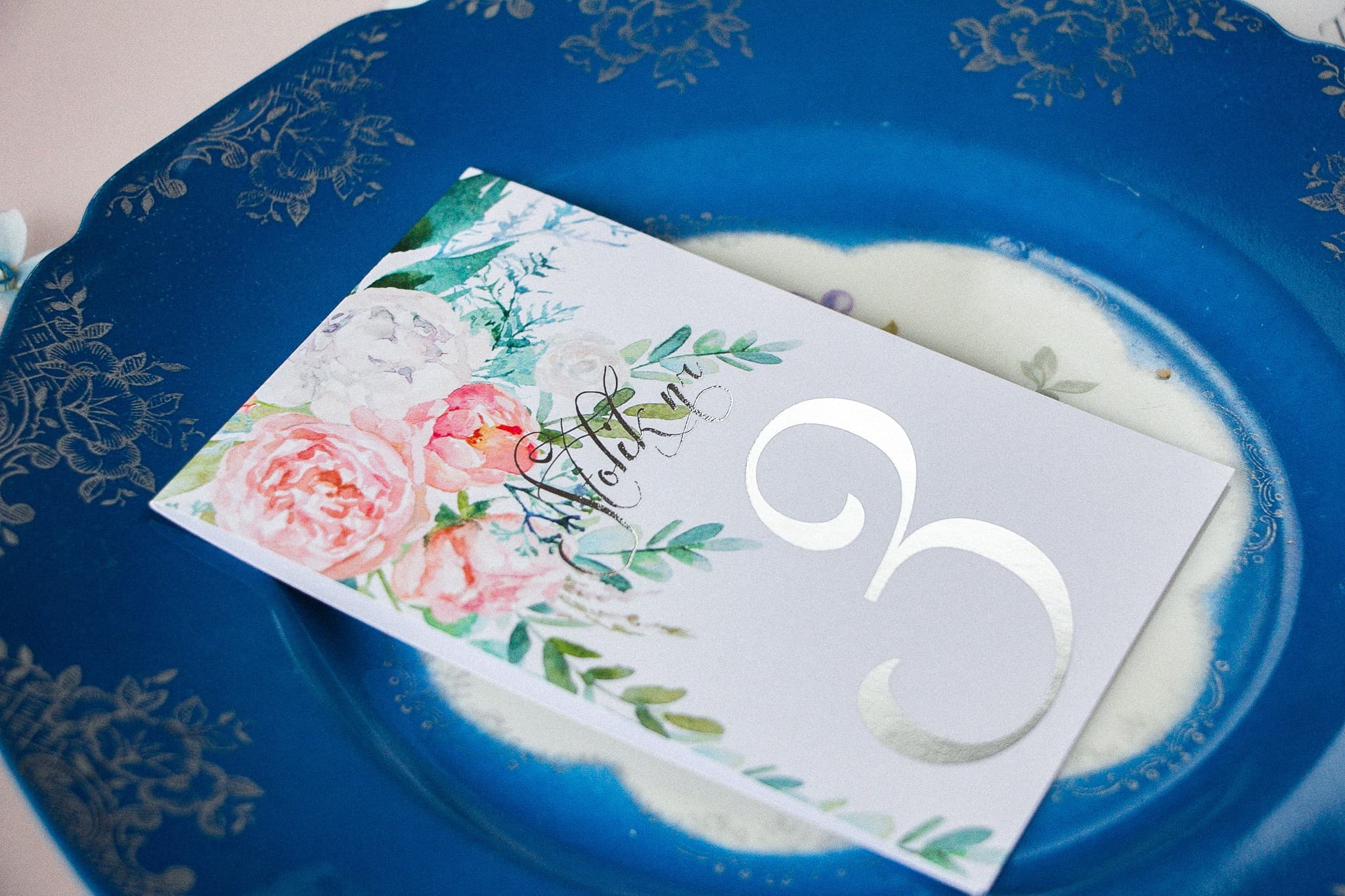 Silver Foiled Glamour Wedding Table Numbers Watercolor | Elegant Table Numbering | Pastel No. 8
