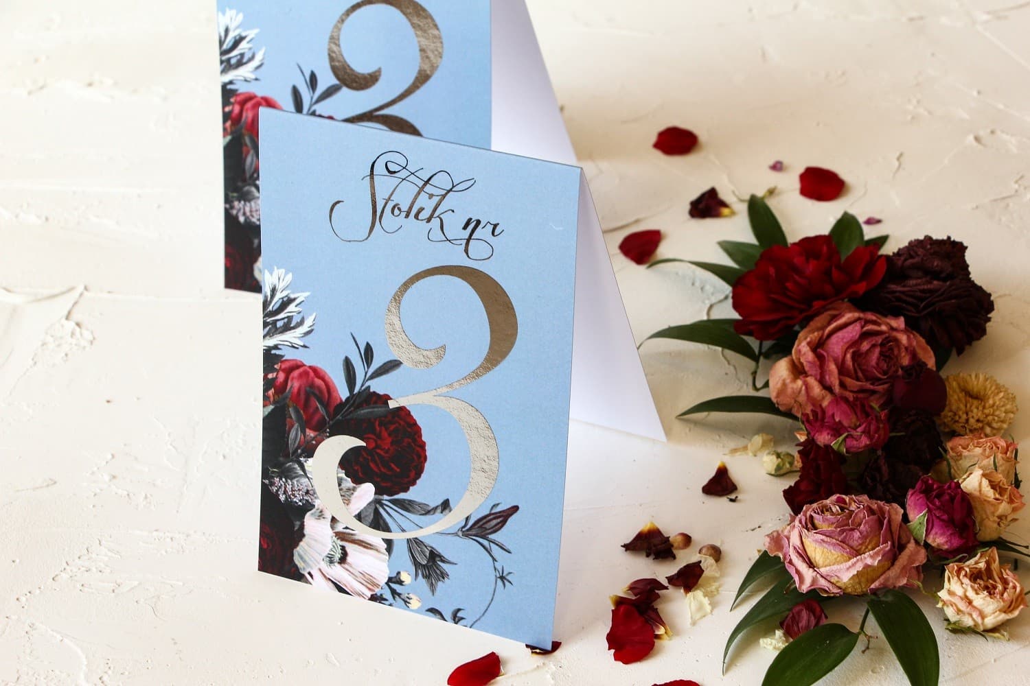 Silver Foiled Wedding Table Numbers with Flowers | Elegant Glamour Table Cards | Pastel No. 1