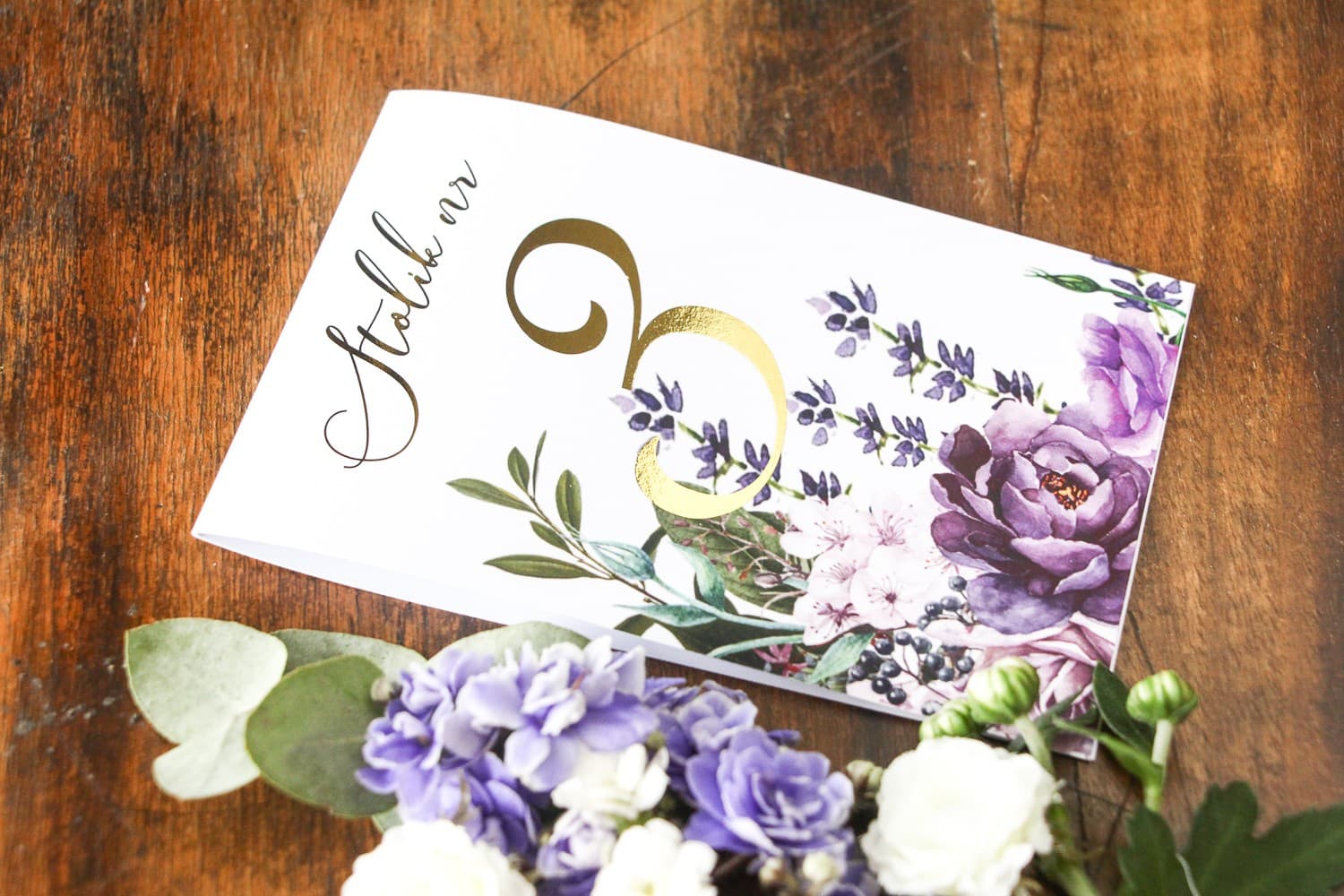 Gold Foiled Table Numbers with Lavender Glamour | Wedding Table Cards | Soreli No. 4