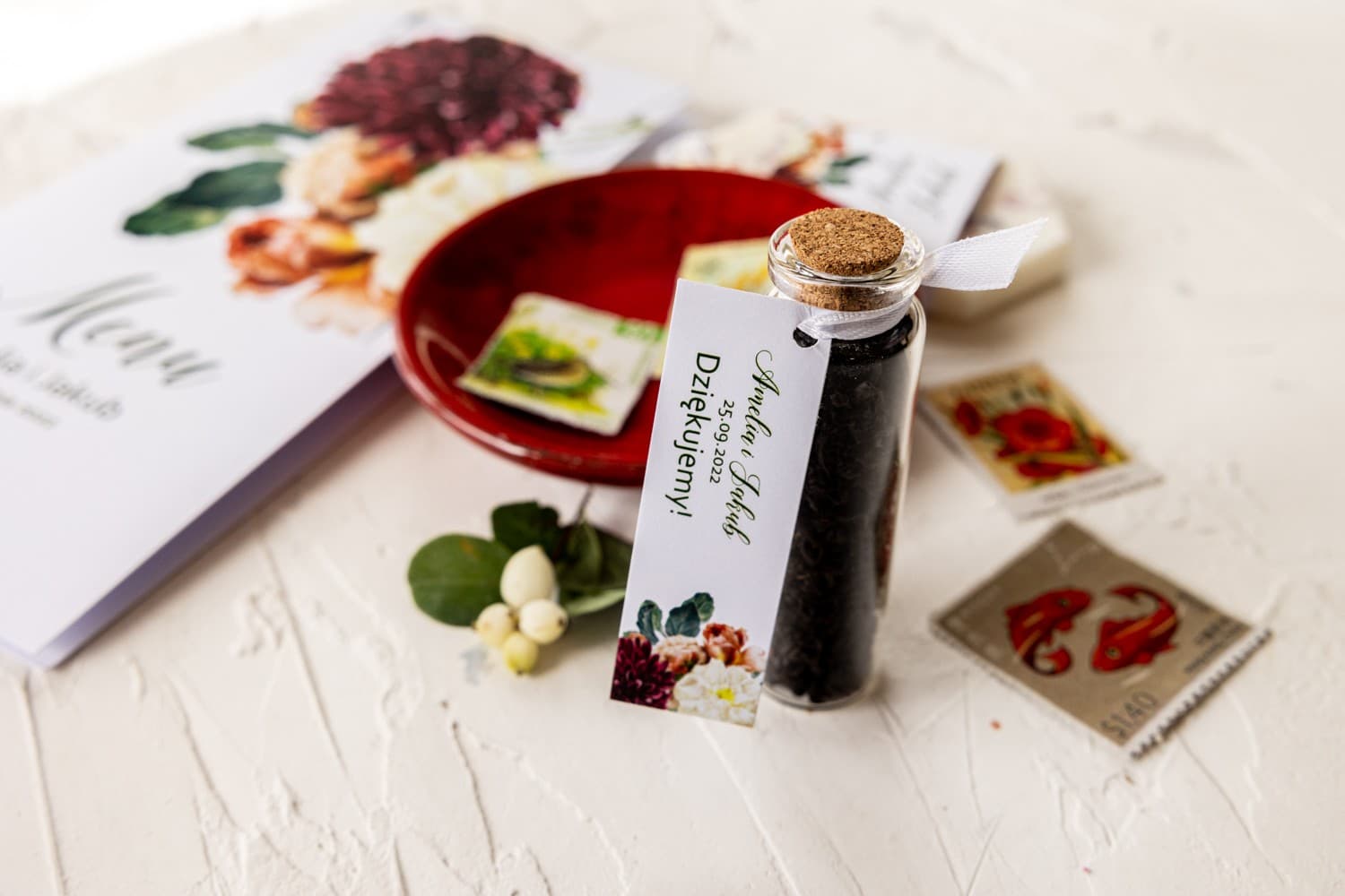 Tea in Glass Bottle Wedding Favours with Cork | Burgundy Dahlia Gifts | Korani No. 13 - 2