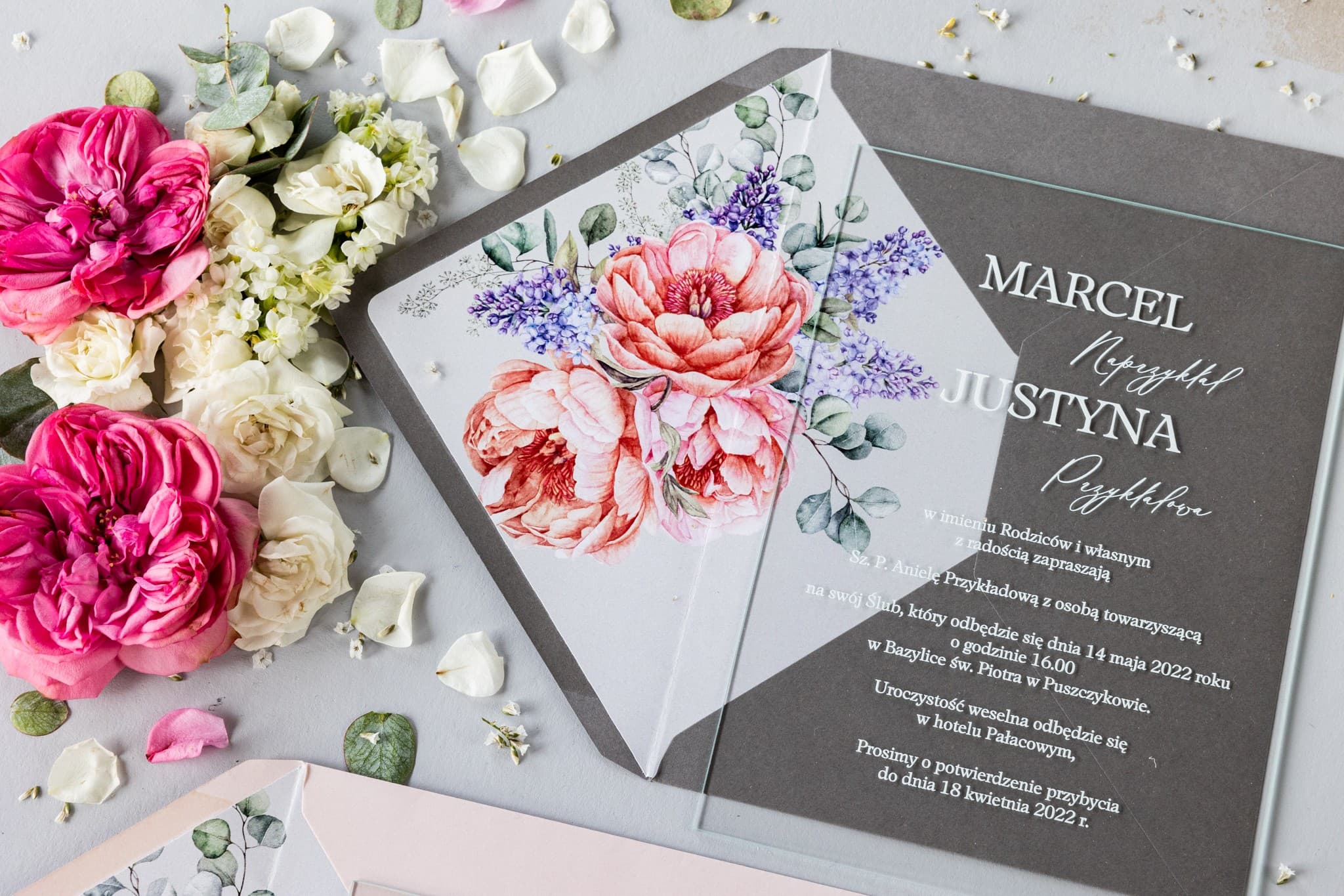 Soft No. 7 Glass Wedding Invitation Sample with Peonies and Lilac